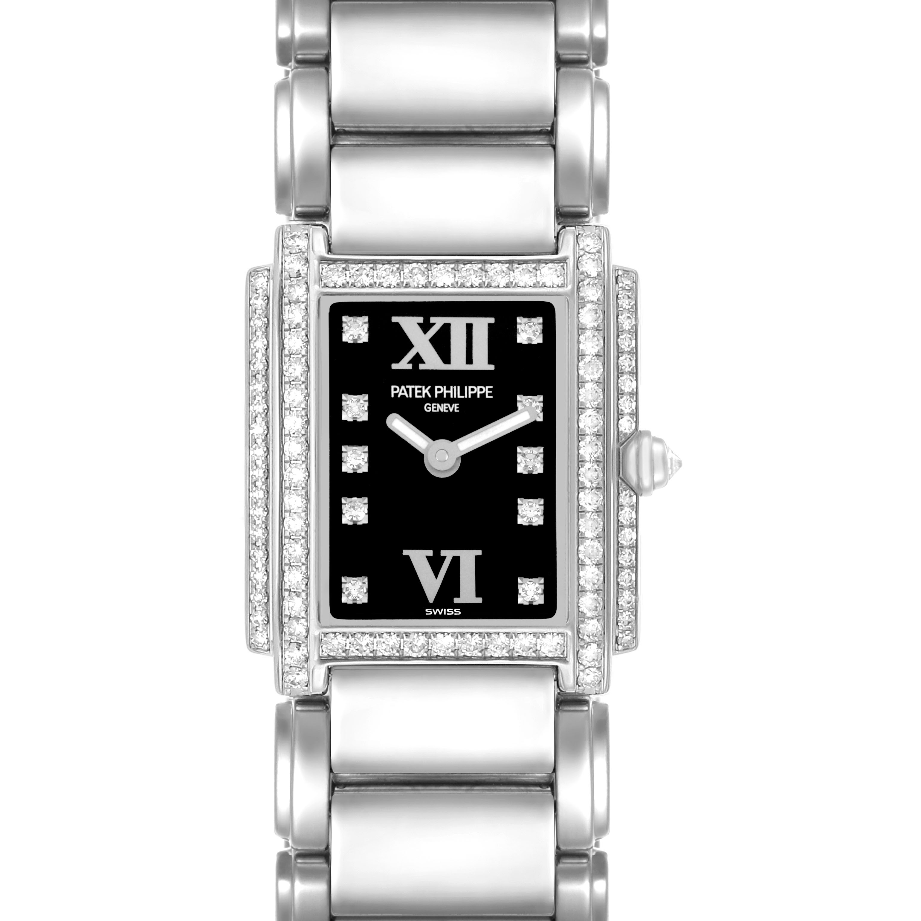 The Patek Philippe Twenty-4 4908/200G-011 Women's White Gold Black Dial watch is shown from a front angle, highlighting its rectangular face, diamond-set bezel, and metal bracelet.