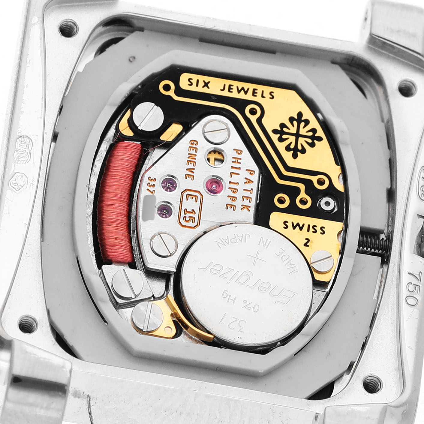 This image shows the movement and internal components of a Patek Philippe Twenty-4 4908/200G-011 Women's White Gold Black Dial watch from the back.