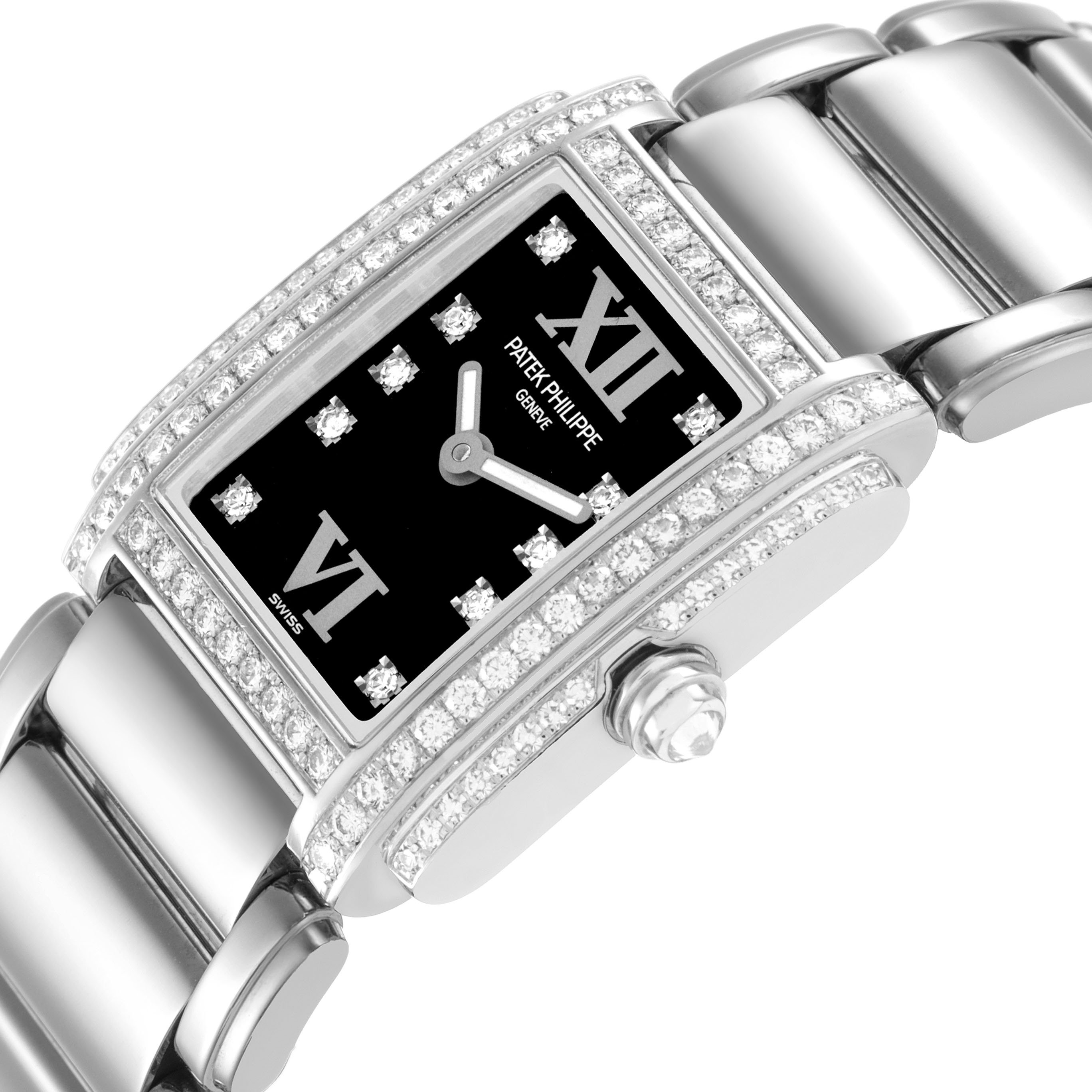 The Patek Philippe Twenty-4 4908/200G-011 Women's White Gold Black Dial watch is shown at an angle highlighting the dial, crown, and part of the bracelet.