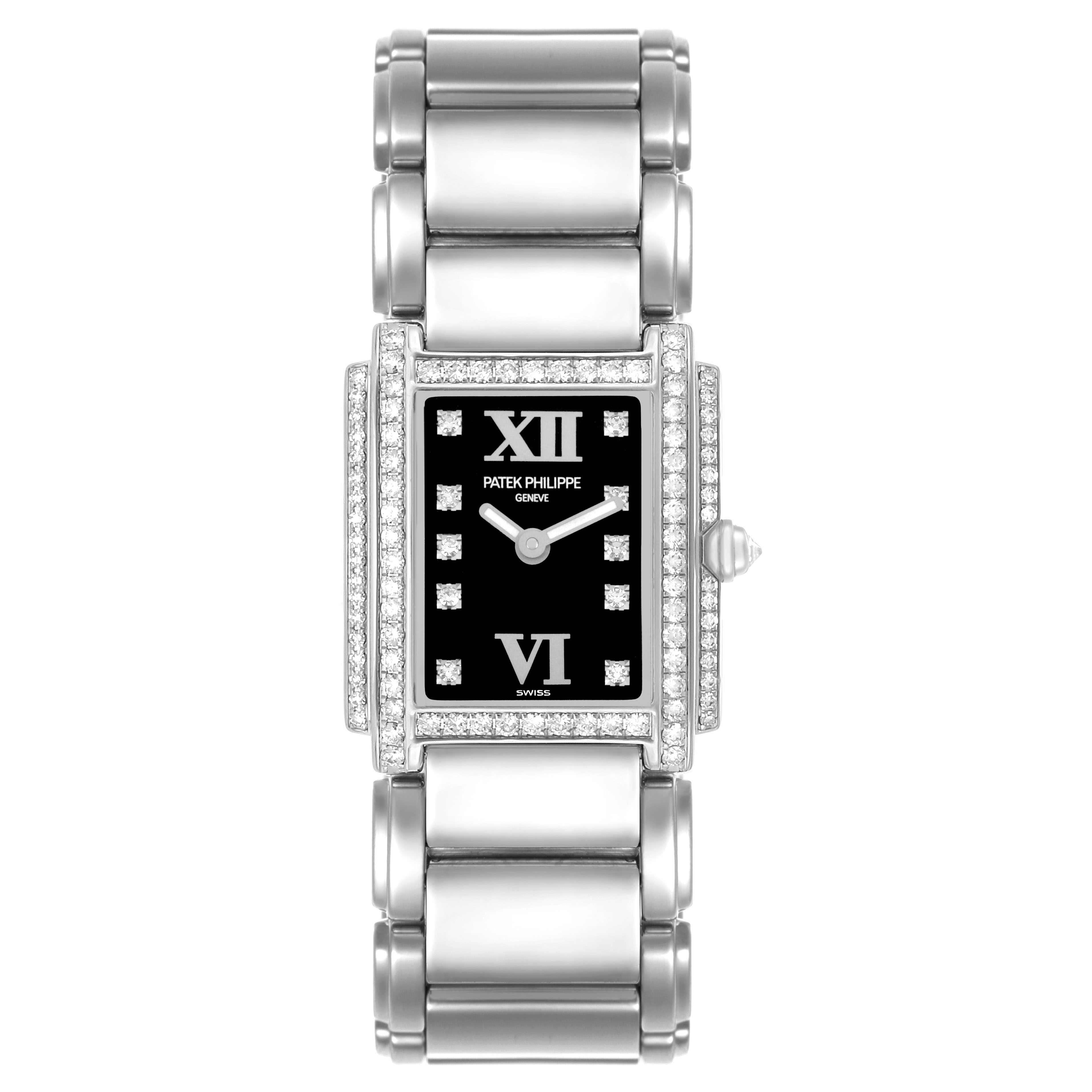 The Patek Philippe Twenty-4 4908/200G-011 Women's White Gold Black Dial watch is shown from a front view, highlighting its rectangular face and link bracelet.