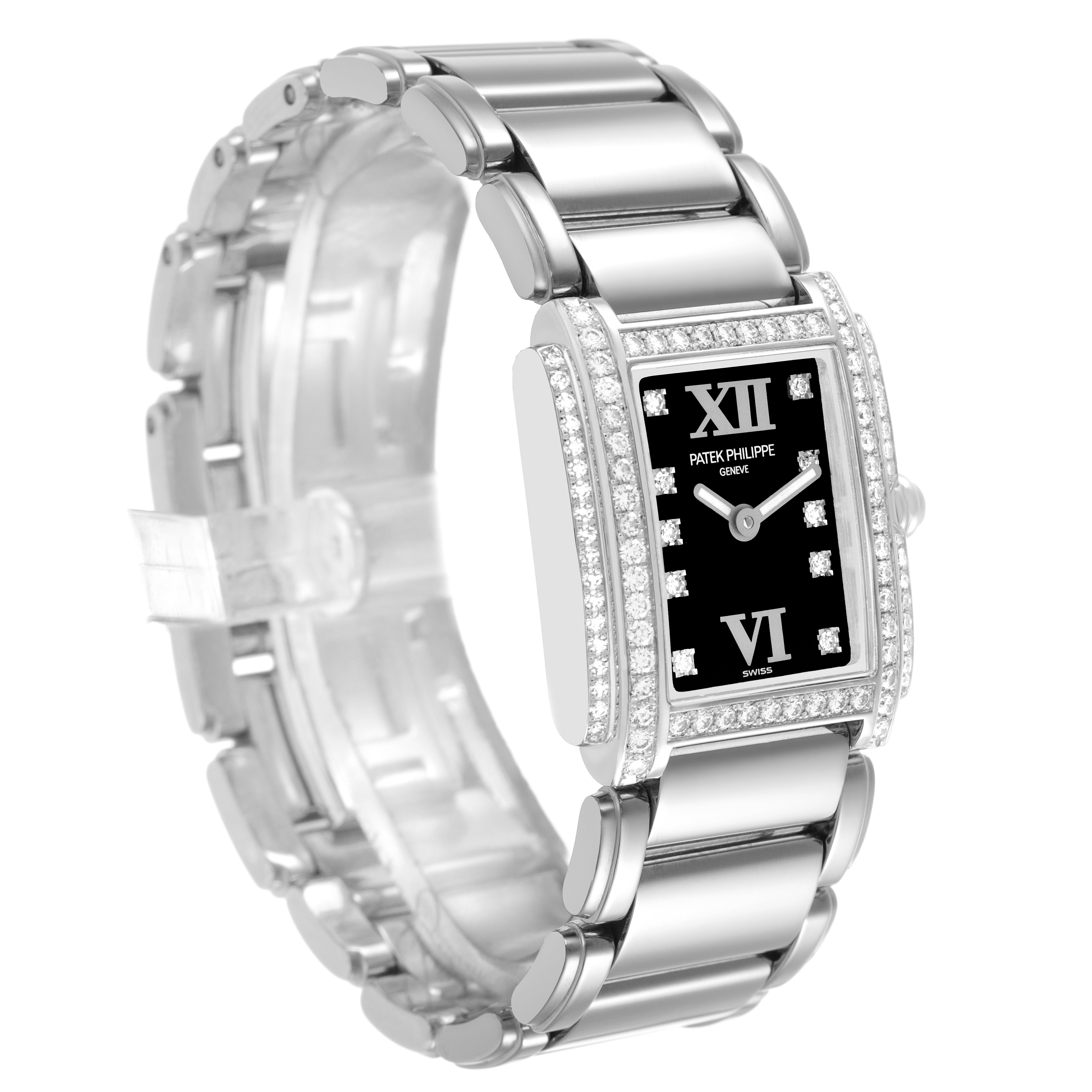 The Patek Philippe Twenty-4 4908/200G-011 Women's White Gold Black Dial watch is shown at a three-quarter angle, highlighting the face, bracelet, and diamond bezel.