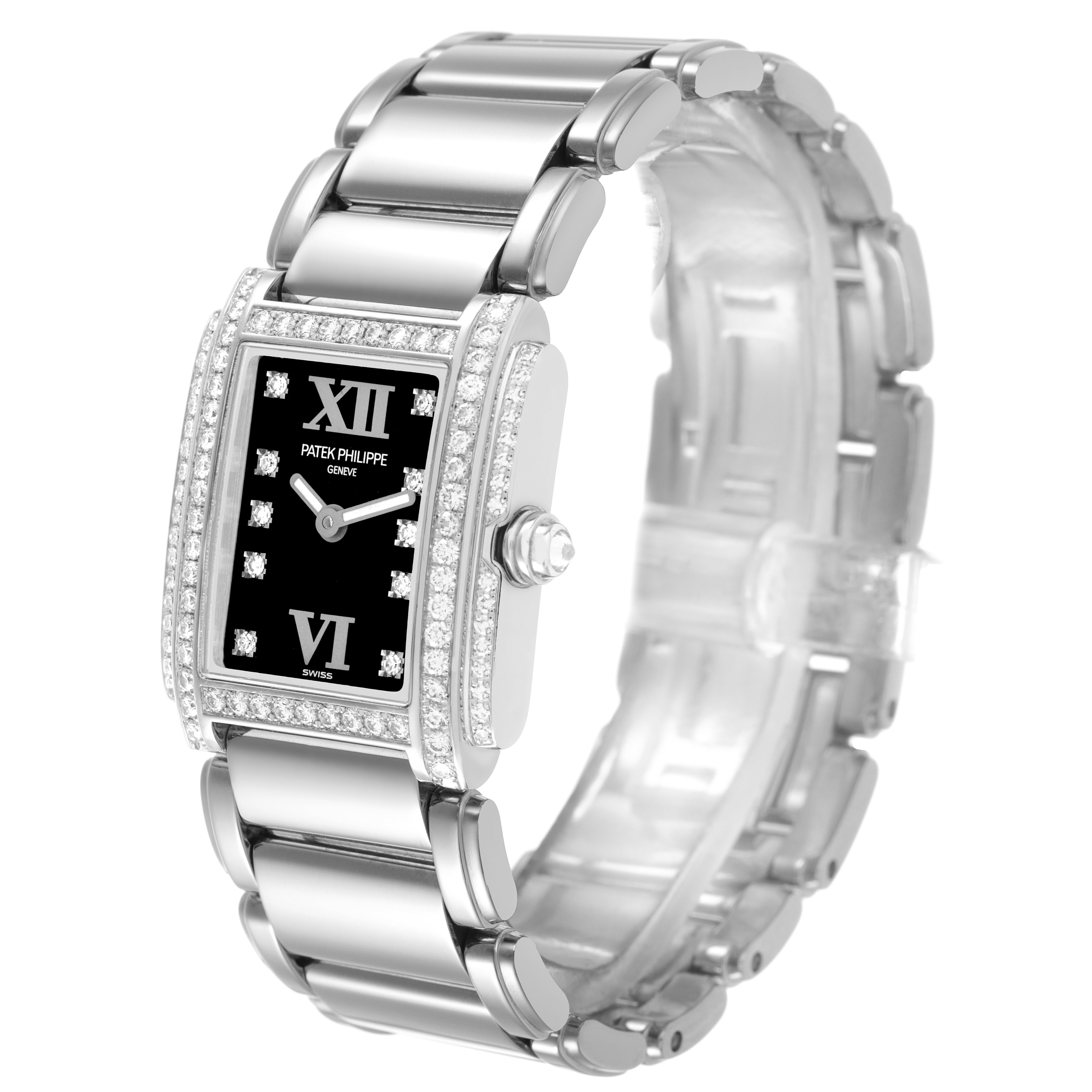 The Patek Philippe Twenty-4 4908/200G-011 Women's White Gold Black Dial watch is shown at a slight angle, highlighting its rectangular case and diamond-set bezel and bracelet.
