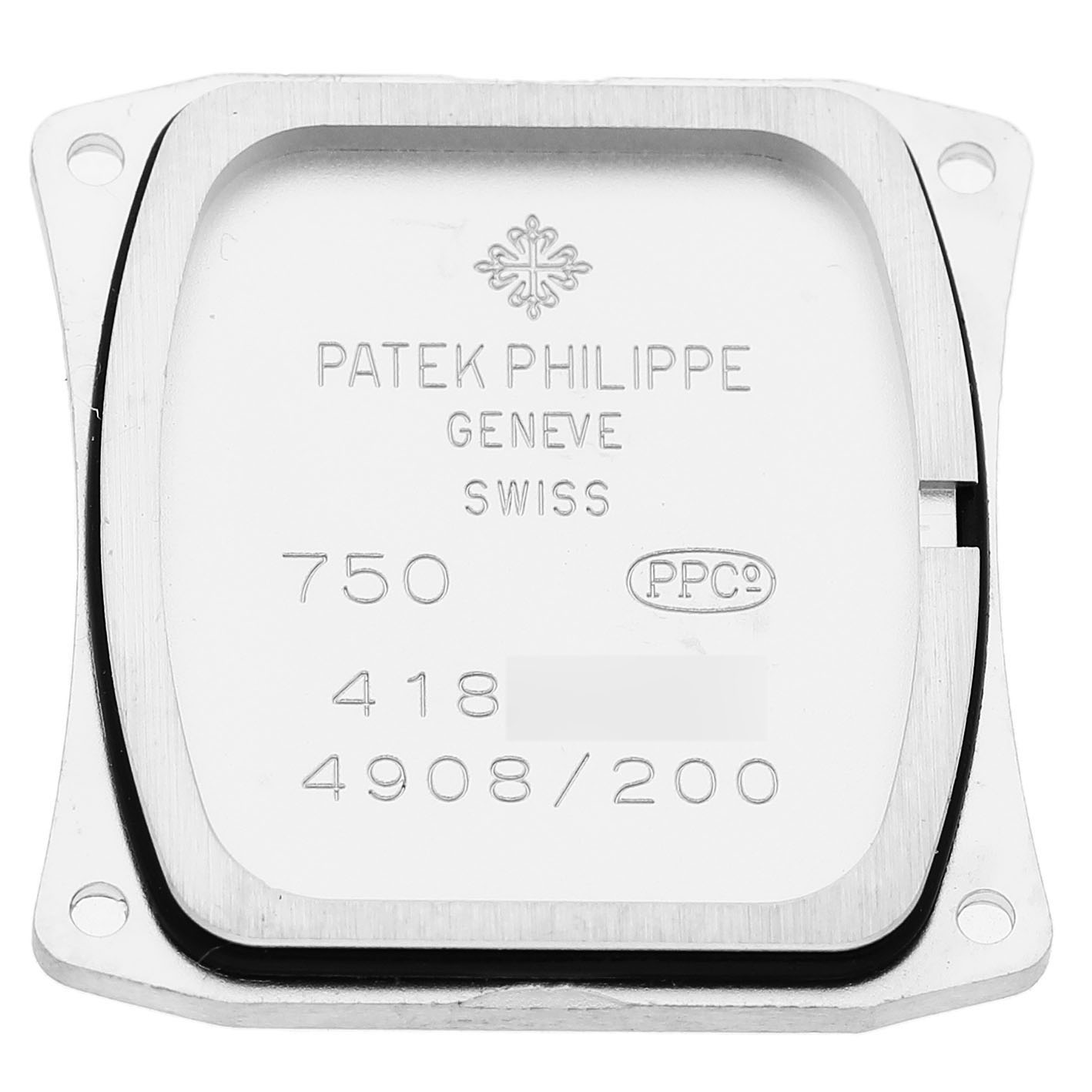 The image shows the back cover of a Patek Philippe Twenty-4 4908/200G-011 Women's White Gold Black Dial watch, displaying engraving details.