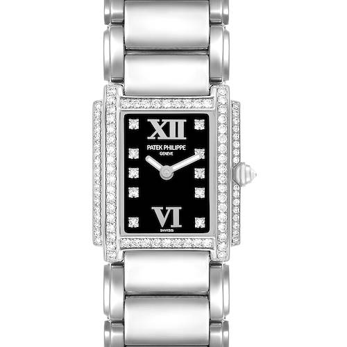The Patek Philippe Twenty-4 4908/200G-011 Women's White Gold Black Dial watch is shown from the front, highlighting the dial, bezel, and bracelet.