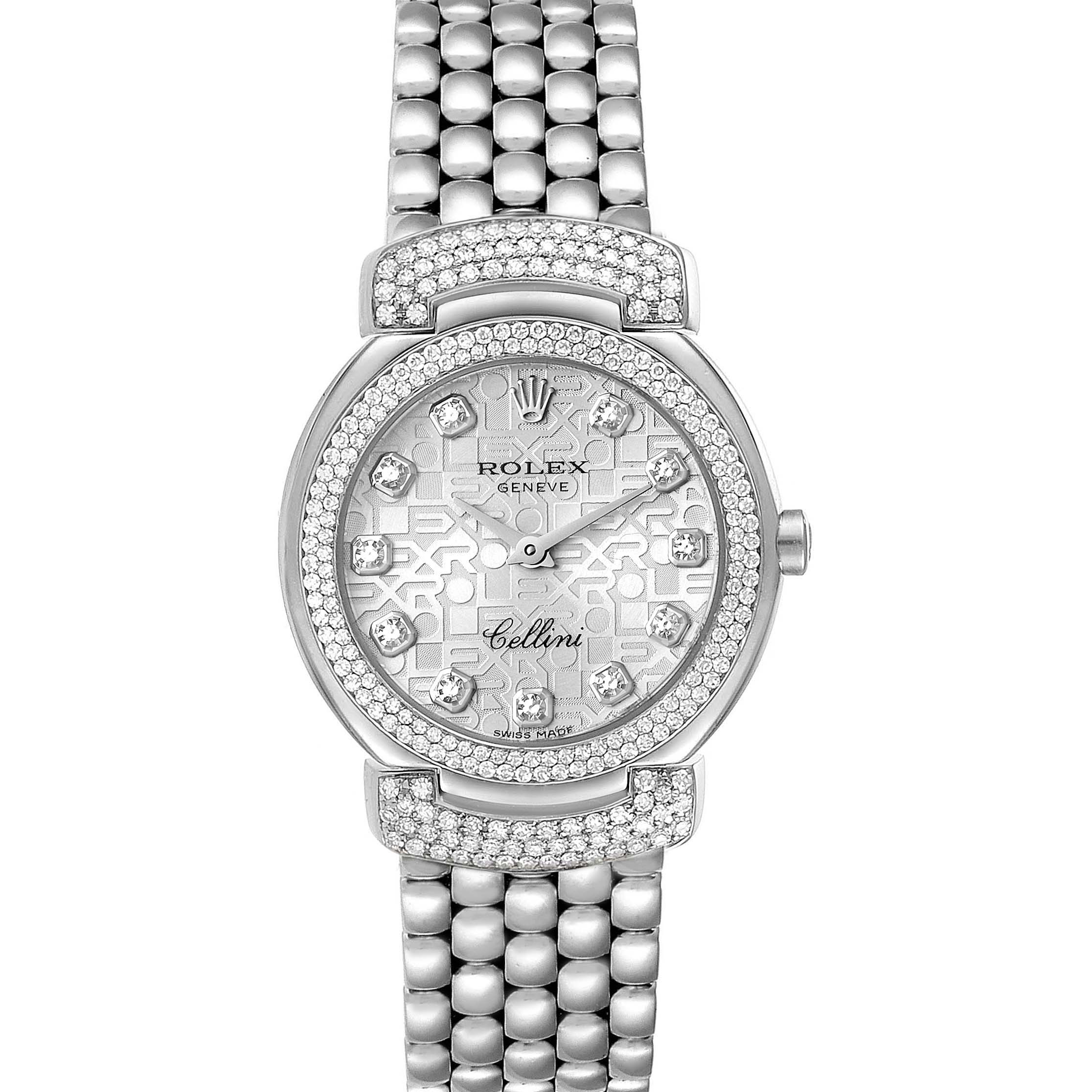 The image shows a frontal view of a Rolex Cellini 6673 Women's White Gold Silver Dial 6673 Women's White Gold Silver Dial watch, including its face, bezel, and part of its bracelet.