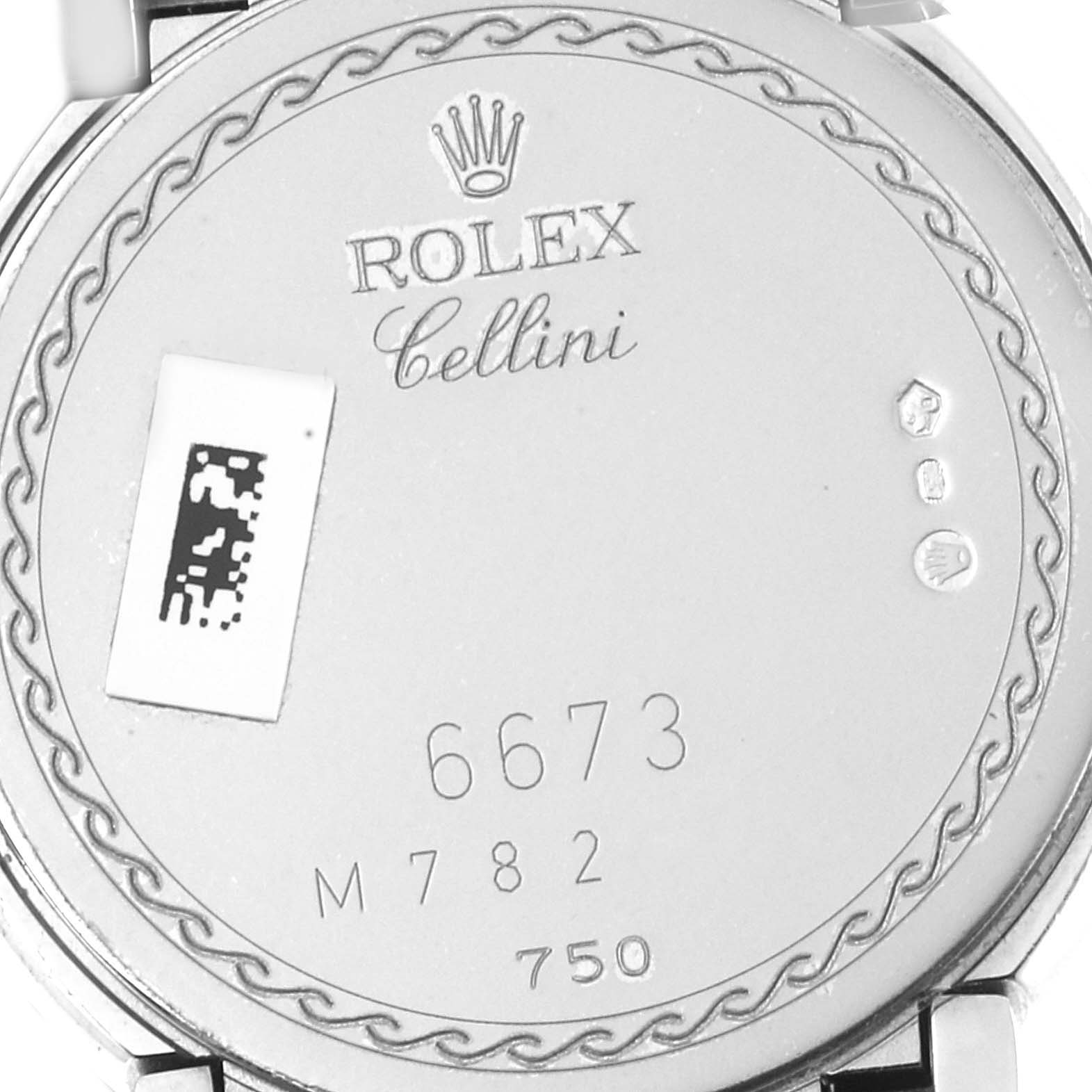 The image shows the back of a Rolex Cellini 6673 Women's White Gold Silver Dial 6673 Women's White Gold Silver Dial watch, displaying the model number and brand engraving.