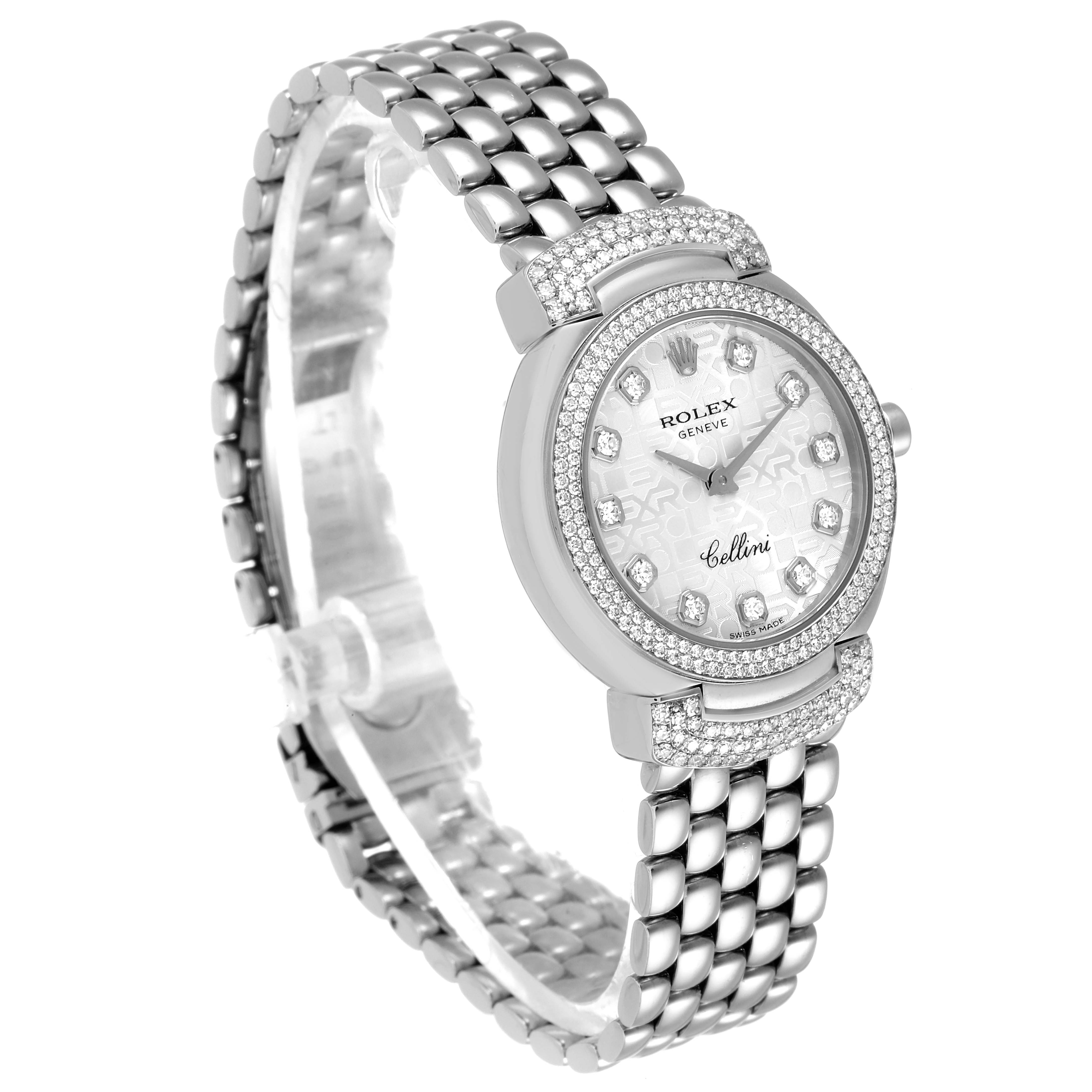 The image displays a Rolex Cellini 6673 Women's White Gold Silver Dial 6673 Women's White Gold Silver Dial watch at a slight angled view, showcasing the face, bezel, and metal bracelet.