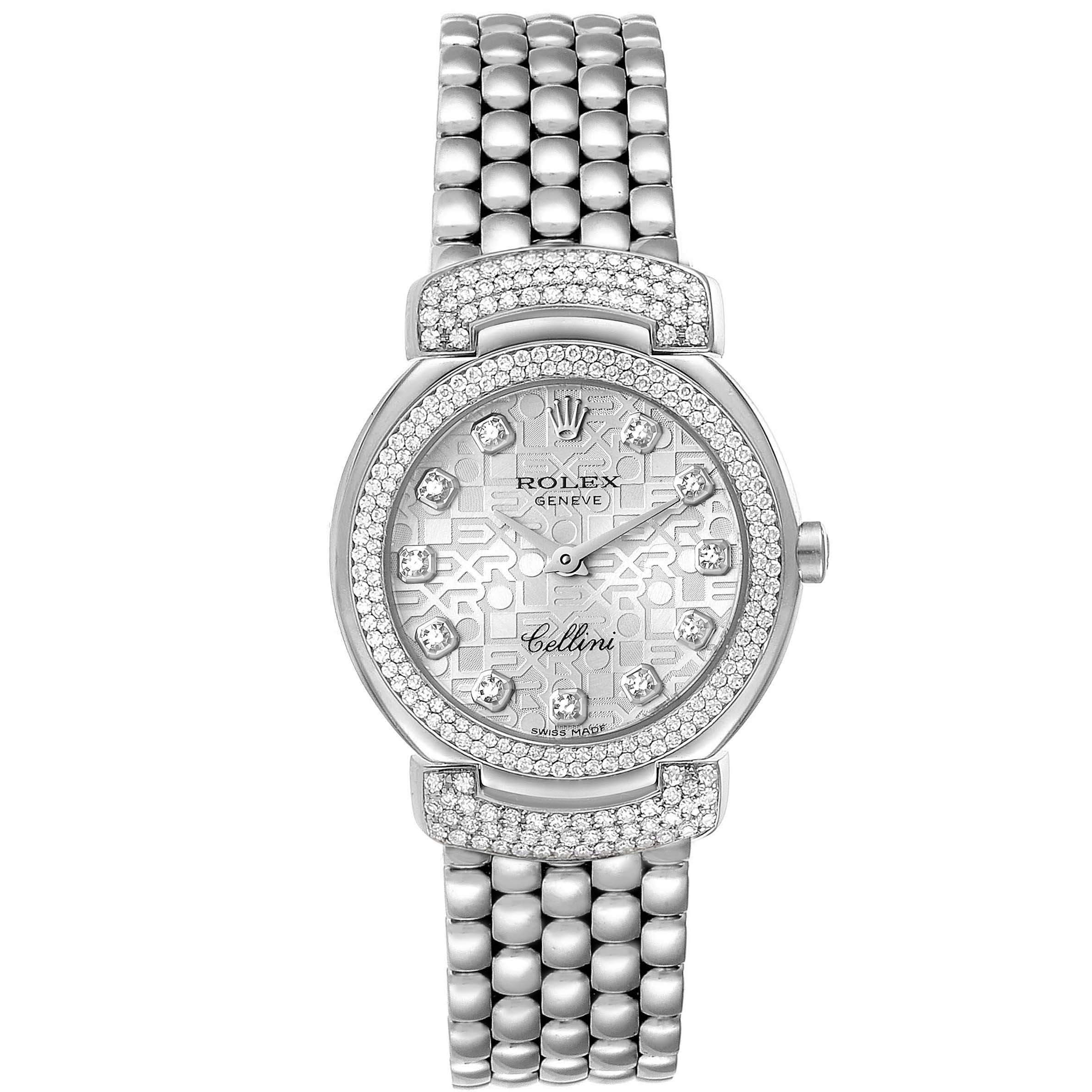 The image shows a front view of a Rolex Cellini 6673 Women's White Gold Silver Dial 6673 Women's White Gold Silver Dial watch featuring a beaded bracelet and a diamond-studded dial and bezel.