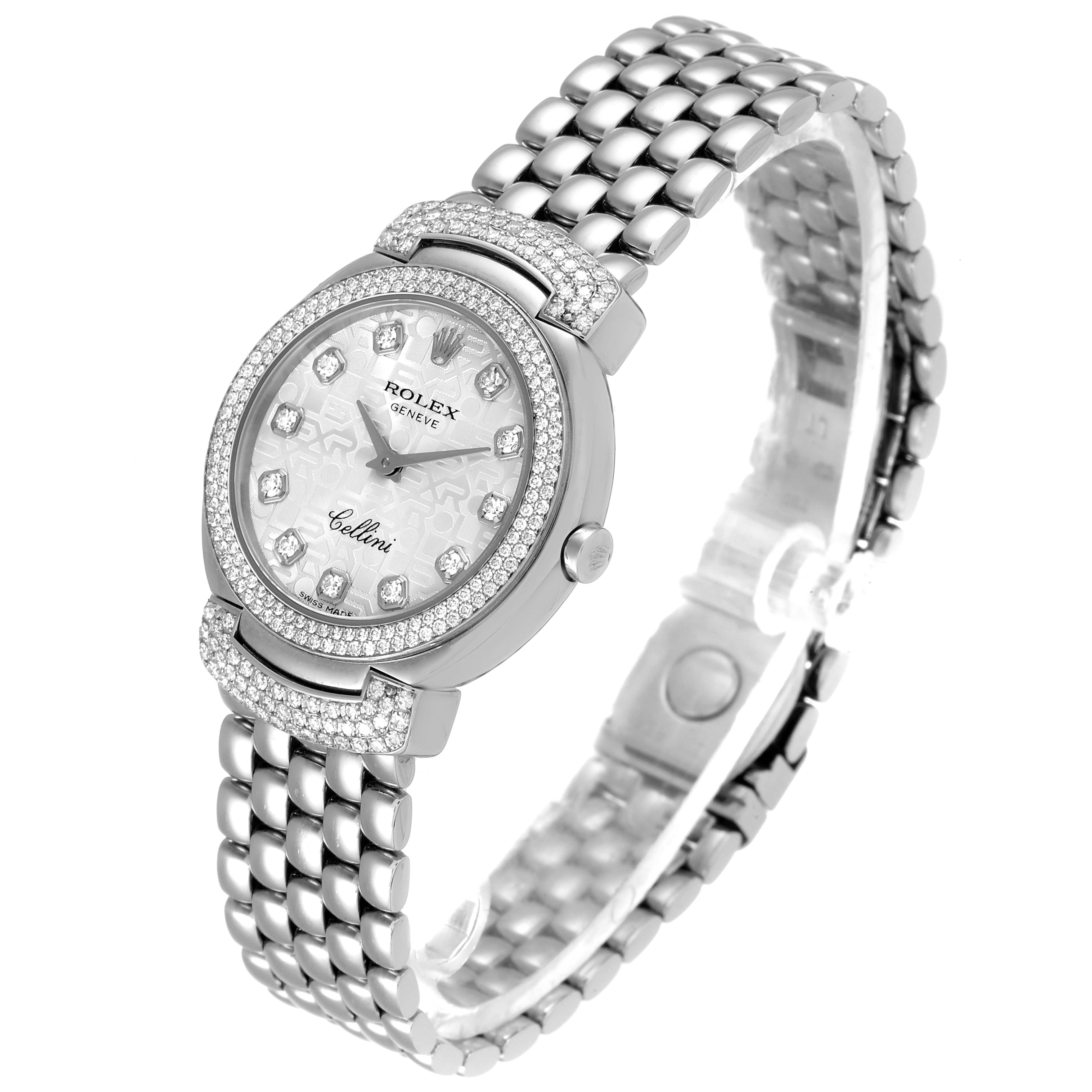 The image shows a Rolex Cellini 6673 Women's White Gold Silver Dial 6673 Women's White Gold Silver Dial watch, featuring a diamond-studded bezel and a silver link bracelet, viewed from a front-angle.