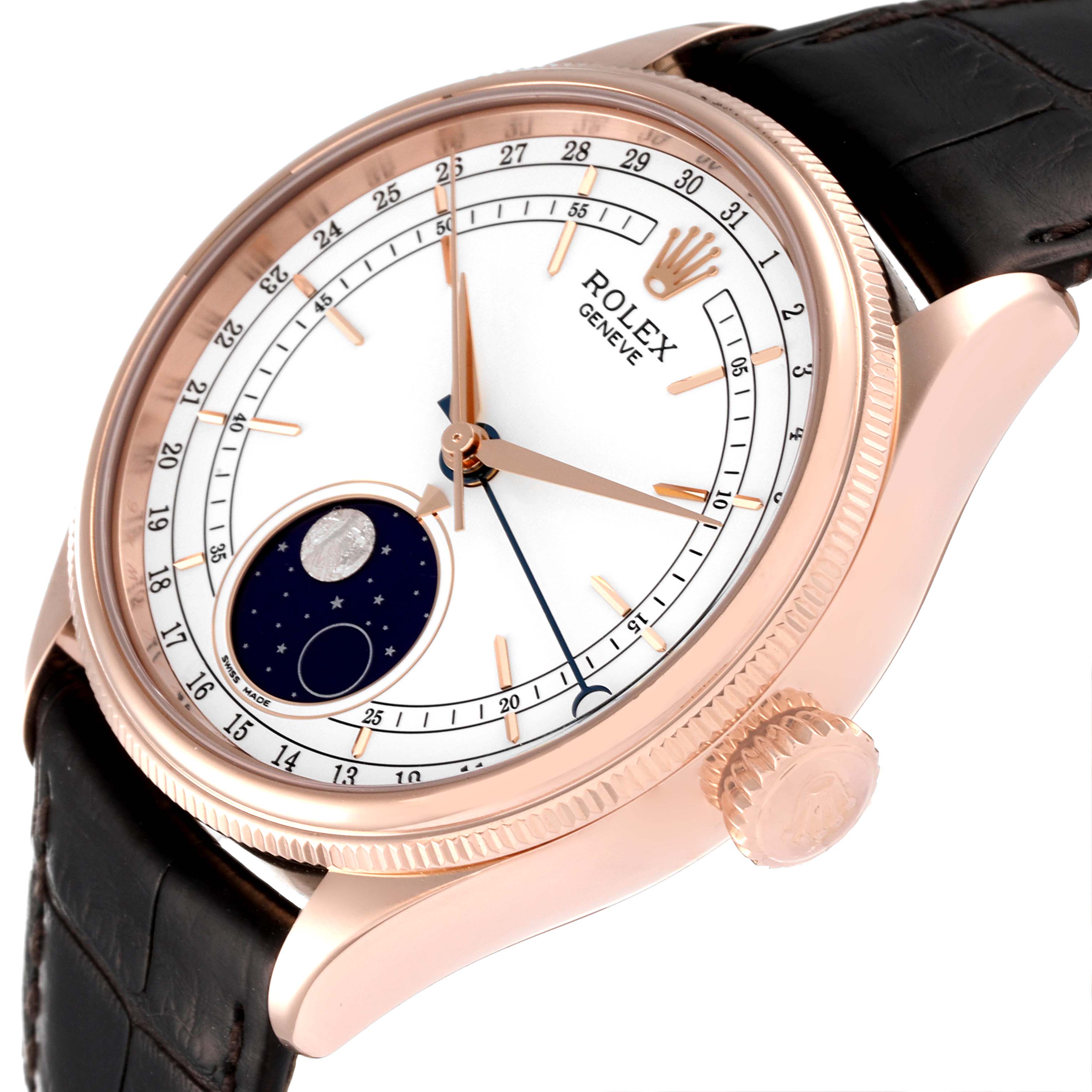 The image shows a Rolex Cellini 50535 Men
s Rose Gold White Dial 50535 Men
s Rose Gold White Dial watch at an angle highlighting its face, crown, rose gold case, and black leather strap.