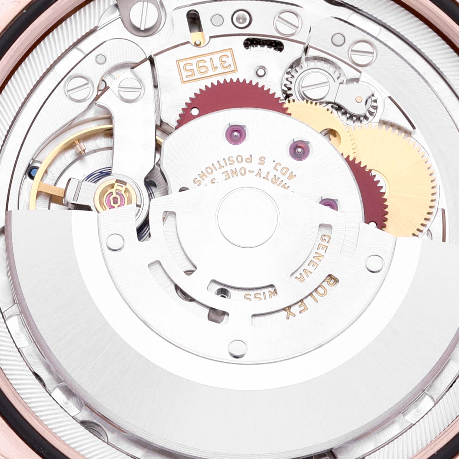 This image shows a close-up view of the movement mechanism of the Rolex Cellini 50535 Men
s Rose Gold White Dial 50535 Men
s Rose Gold White Dial watch.