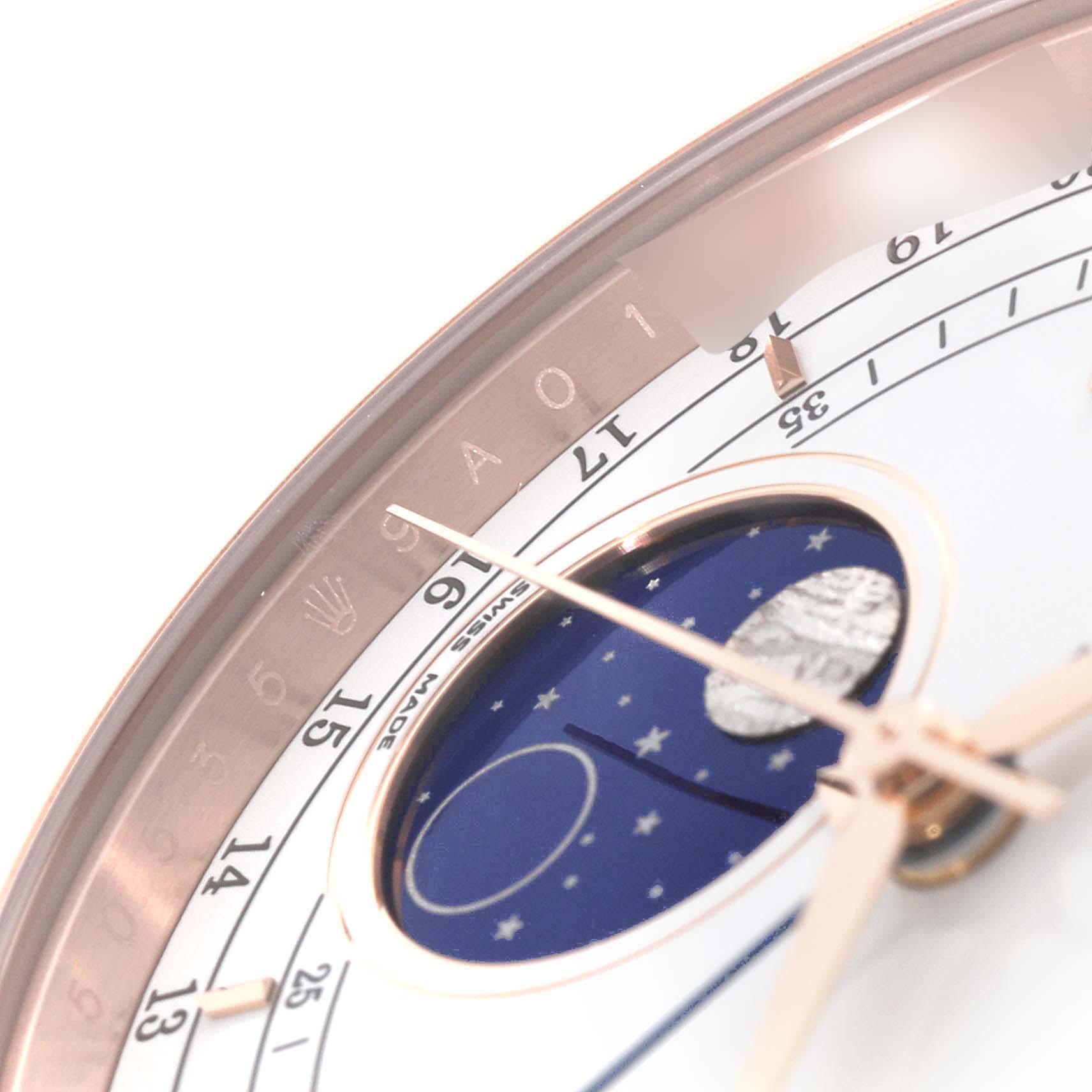 This close-up angle of the Rolex Cellini 50535 Men
s Rose Gold White Dial 50535 Men
s Rose Gold White Dial watch shows the moon phase display and partial dial with numerals.