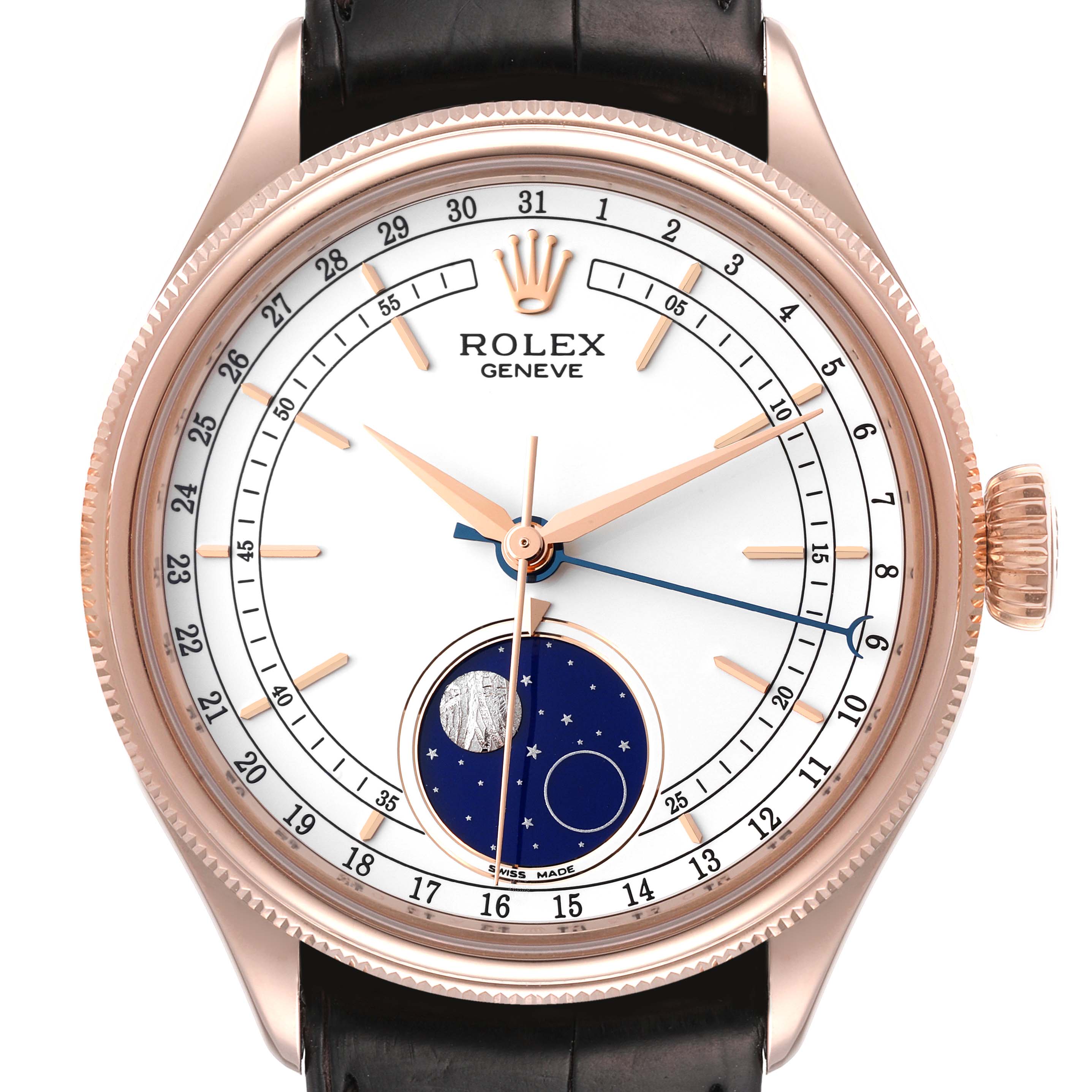 The Rolex Cellini 50535 Men
s Rose Gold White Dial 50535 Men
s Rose Gold White Dial watch is shown from a front angle, displaying the dial, hands, crown, case, and part of the strap.