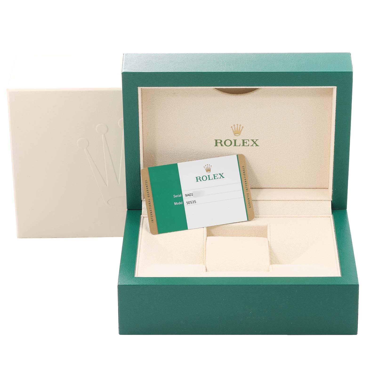 The image shows an open Rolex Cellini 50535 Men
s Rose Gold White Dial 50535 Men
s Rose Gold White Dial watch box with a serial/model card, exposing the inside packaging.