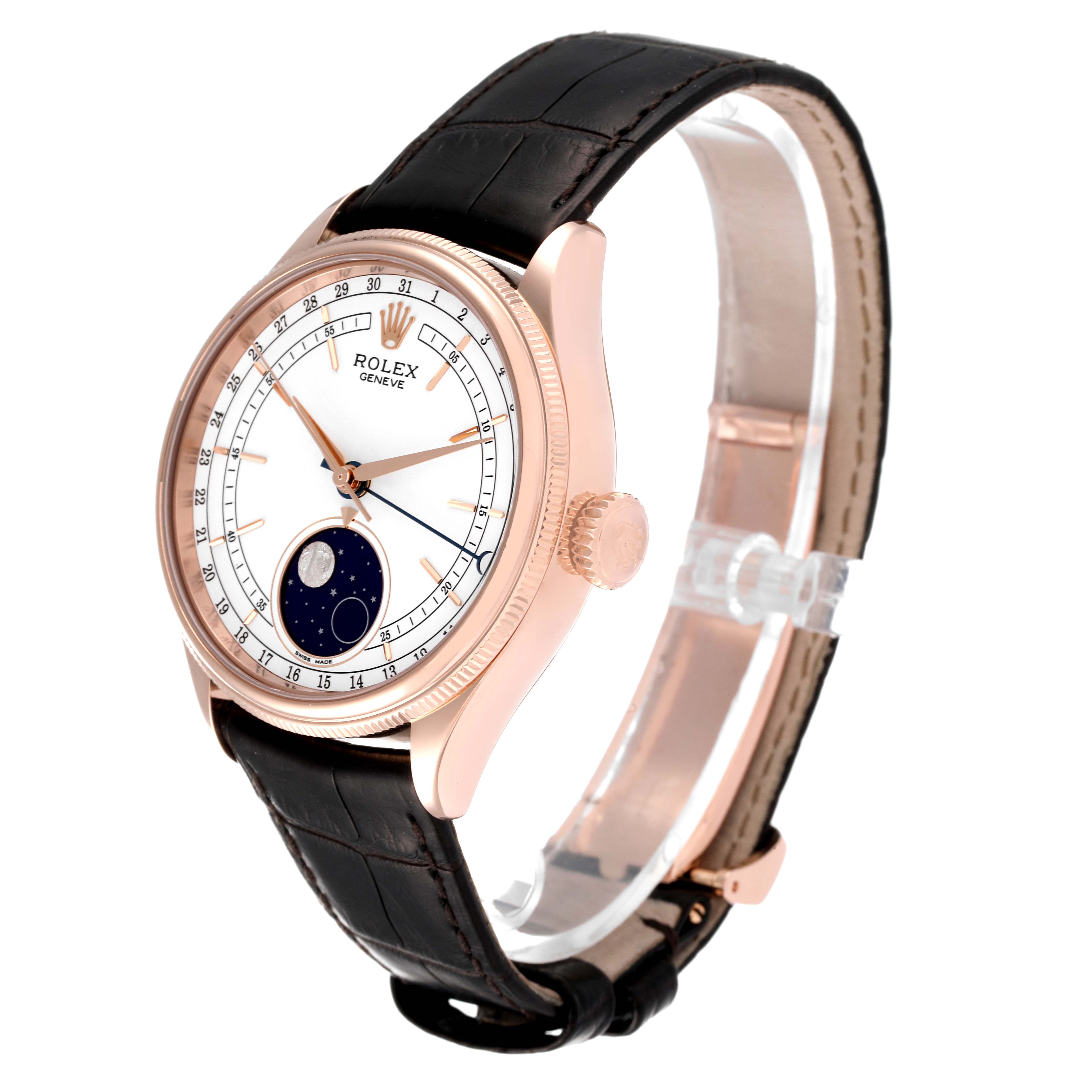 The image shows a Rolex Cellini 50535 Men
s Rose Gold White Dial 50535 Men
s Rose Gold White Dial watch at an angle displaying the face, bezel, crown, and leather strap.