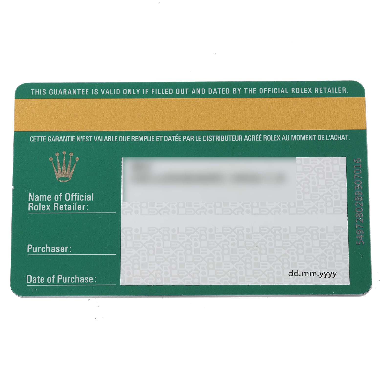 The image shows a guarantee card for the Rolex Cellini 50535 Men
s Rose Gold White Dial 50535 Men
s Rose Gold White Dial watch, featuring spaces for retailer details, purchaser, and date of purchase.