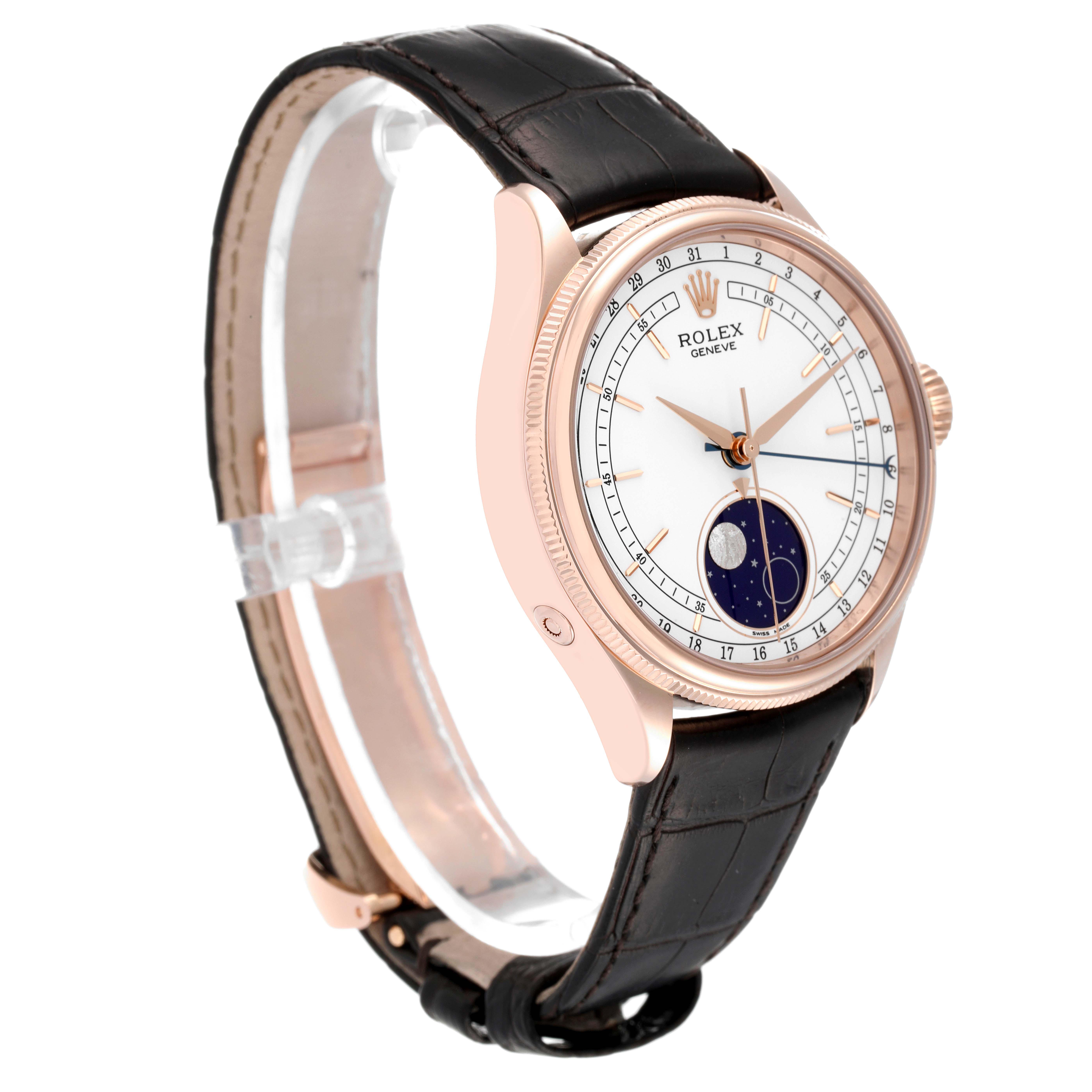 The image shows a Rolex Cellini 50535 Men
s Rose Gold White Dial 50535 Men
s Rose Gold White Dial model watch from a side angle, highlighting its dial, case, crown, and leather strap.