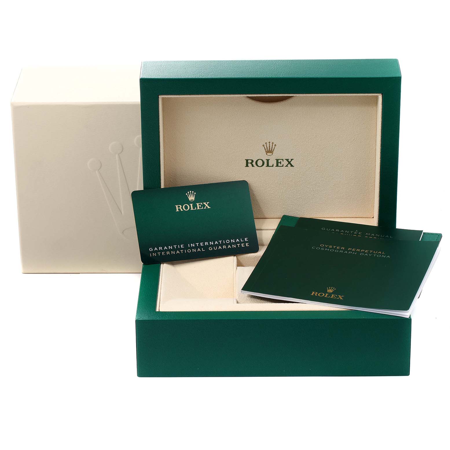 The image shows the packaging, warranty card, and manuals for a Rolex Daytona 116500 Men's Stainless Steel Black Dial 116500 Men's Stainless Steel Black Dial watch, arranged with the box open.