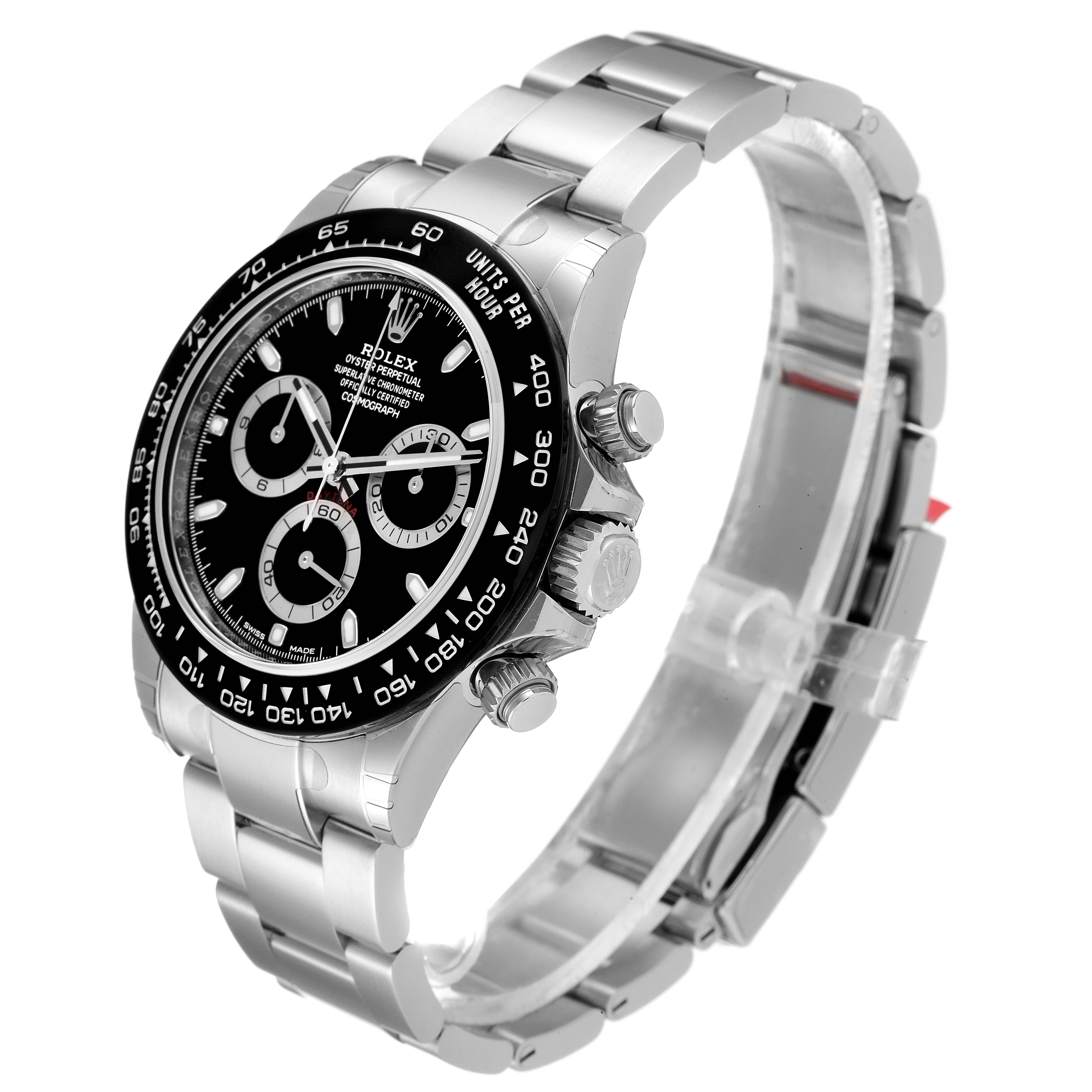 The image shows a Rolex Daytona 116500 Men's Stainless Steel Black Dial 116500 Men's Stainless Steel Black Dial watch from a three-quarter angle, highlighting its black dial, bezel, pushers, and stainless steel bracelet.