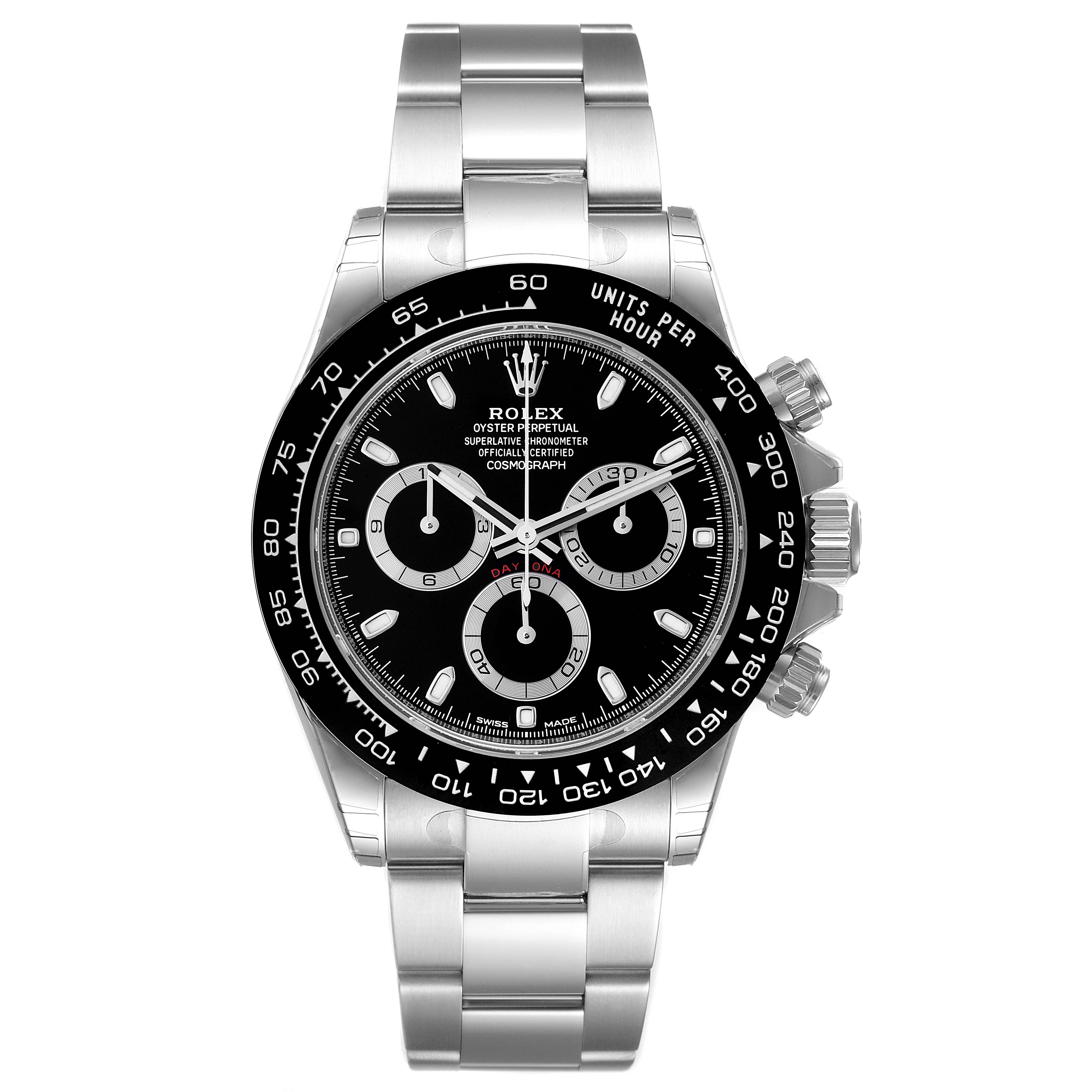 This image shows a Rolex Daytona 116500 Men's Stainless Steel Black Dial 116500 Men's Stainless Steel Black Dial watch from a front angle, highlighting its bezel, dial, three sub-dials, and bracelet.