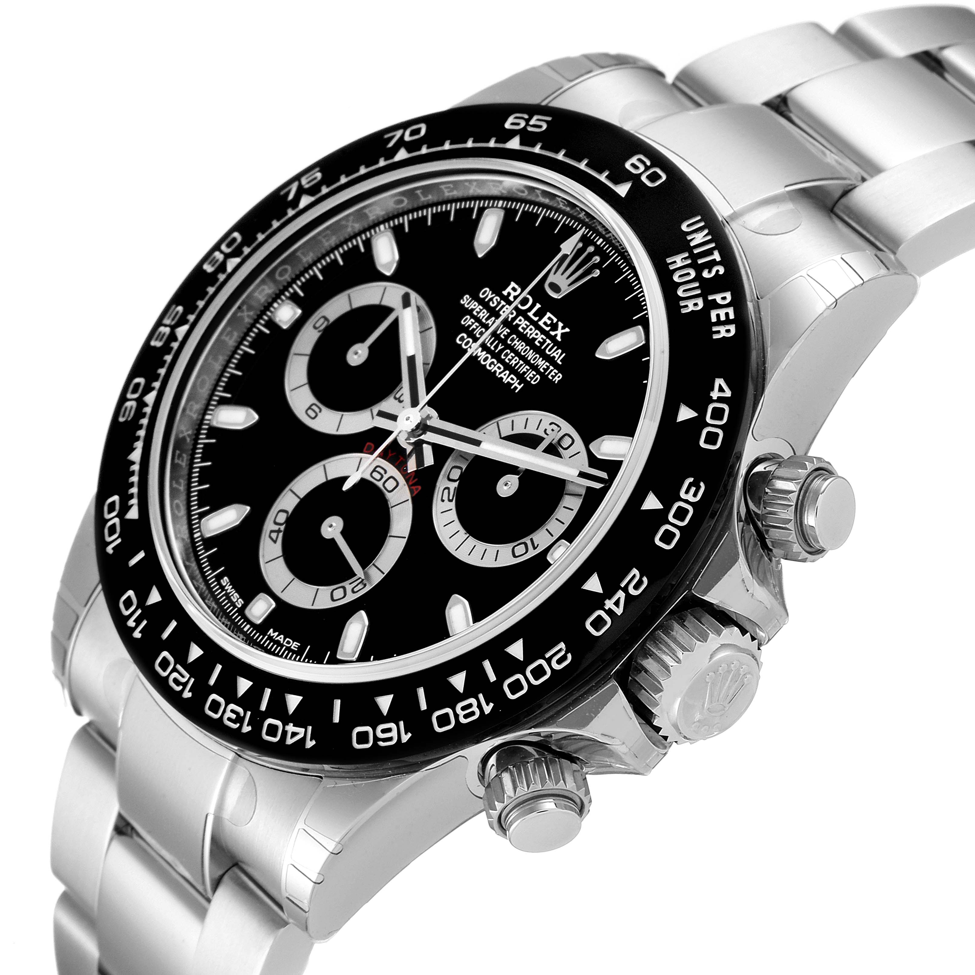 The image shows a close-up of the Rolex Daytona 116500 Men's Stainless Steel Black Dial 116500 Men's Stainless Steel Black Dial watch, highlighting the dial, bezel, and crown at an angle.