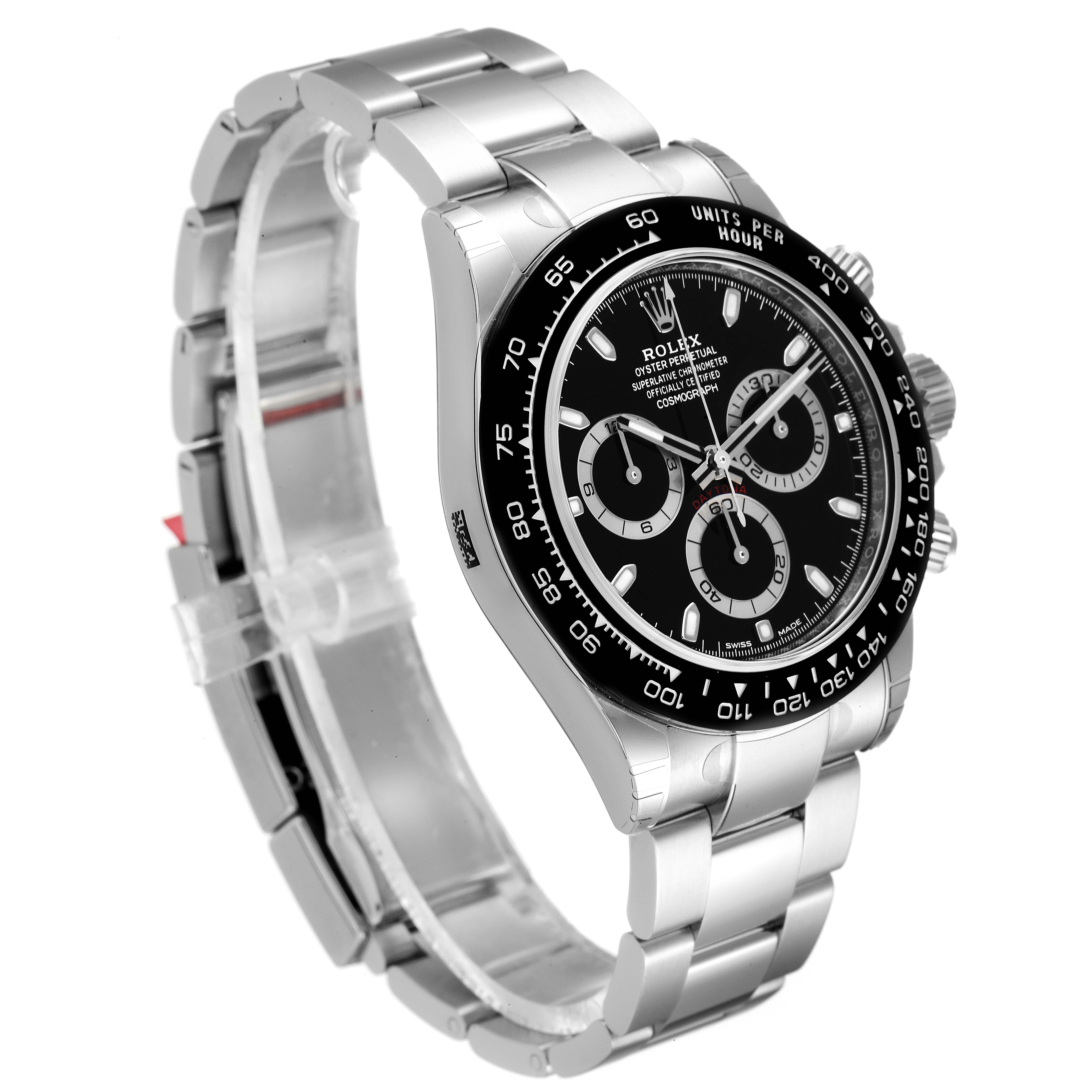 The image shows a Rolex Daytona 116500 Men's Stainless Steel Black Dial 116500 Men's Stainless Steel Black Dial watch at a slight angle, highlighting its face, bezel, crown, and part of the bracelet.
