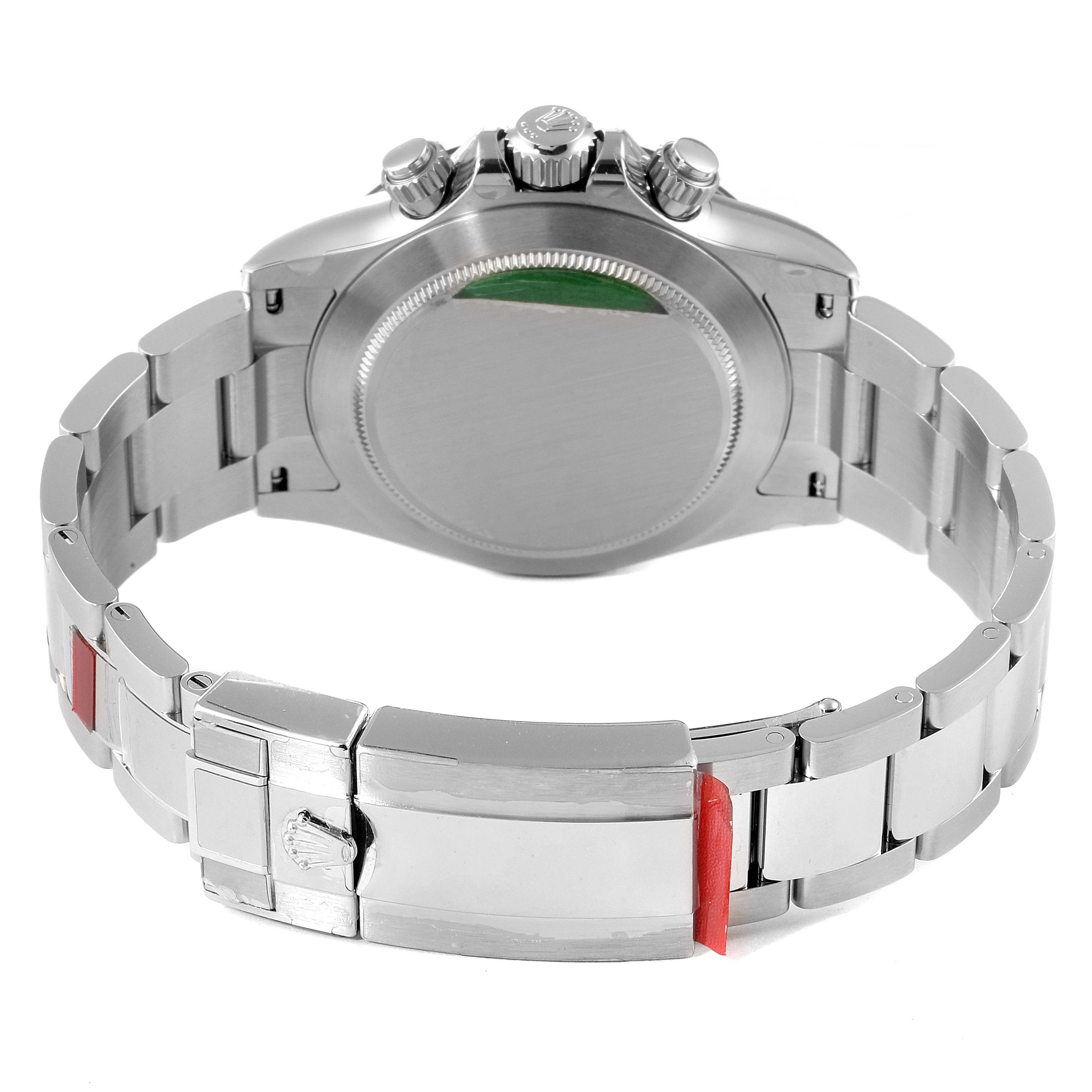 This image shows the back of a Rolex Daytona 116500 Men's Stainless Steel Black Dial 116500 Men's Stainless Steel Black Dial watch, highlighting the bracelet, clasp, and case back.