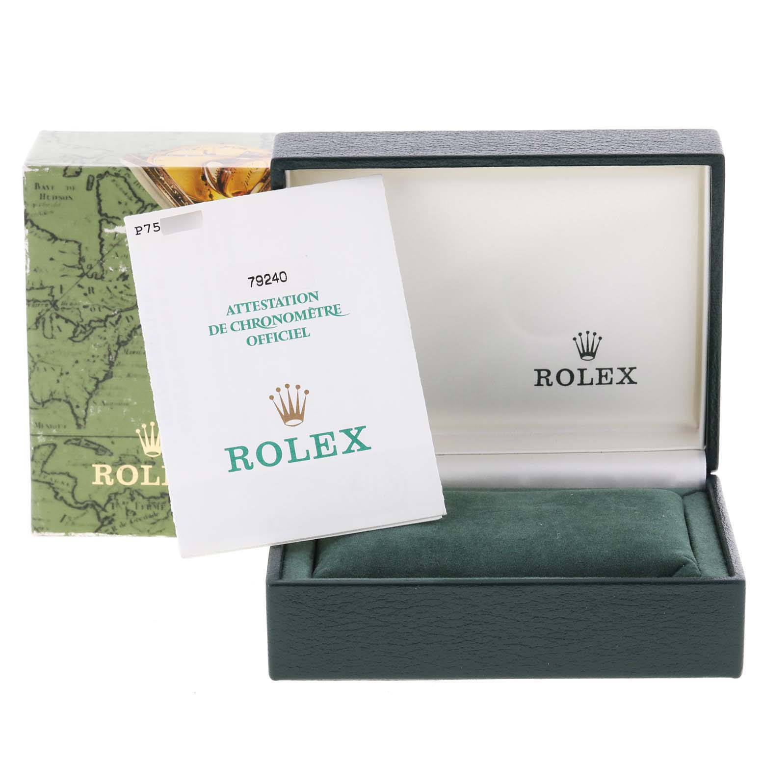 The image shows the open green box, certification card, and outer packaging for a Rolex Date 79240 Women's Stainless Steel Black Dial 79240 Women's Stainless Steel Black Dial model watch.