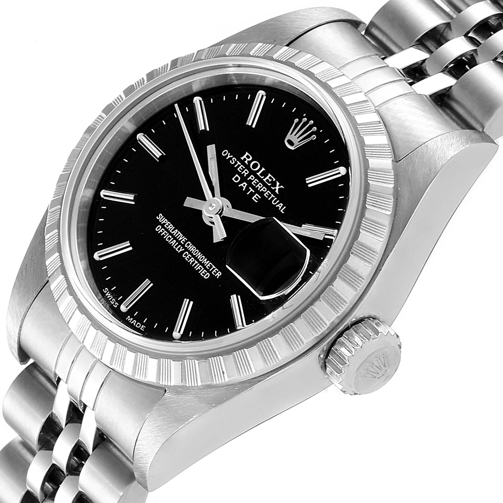 The image shows a close-up, angled view of a Rolex Date 79240 Women's Stainless Steel Black Dial 79240 Women's Stainless Steel Black Dial model, highlighting the bezel, crown, and part of the bracelet.