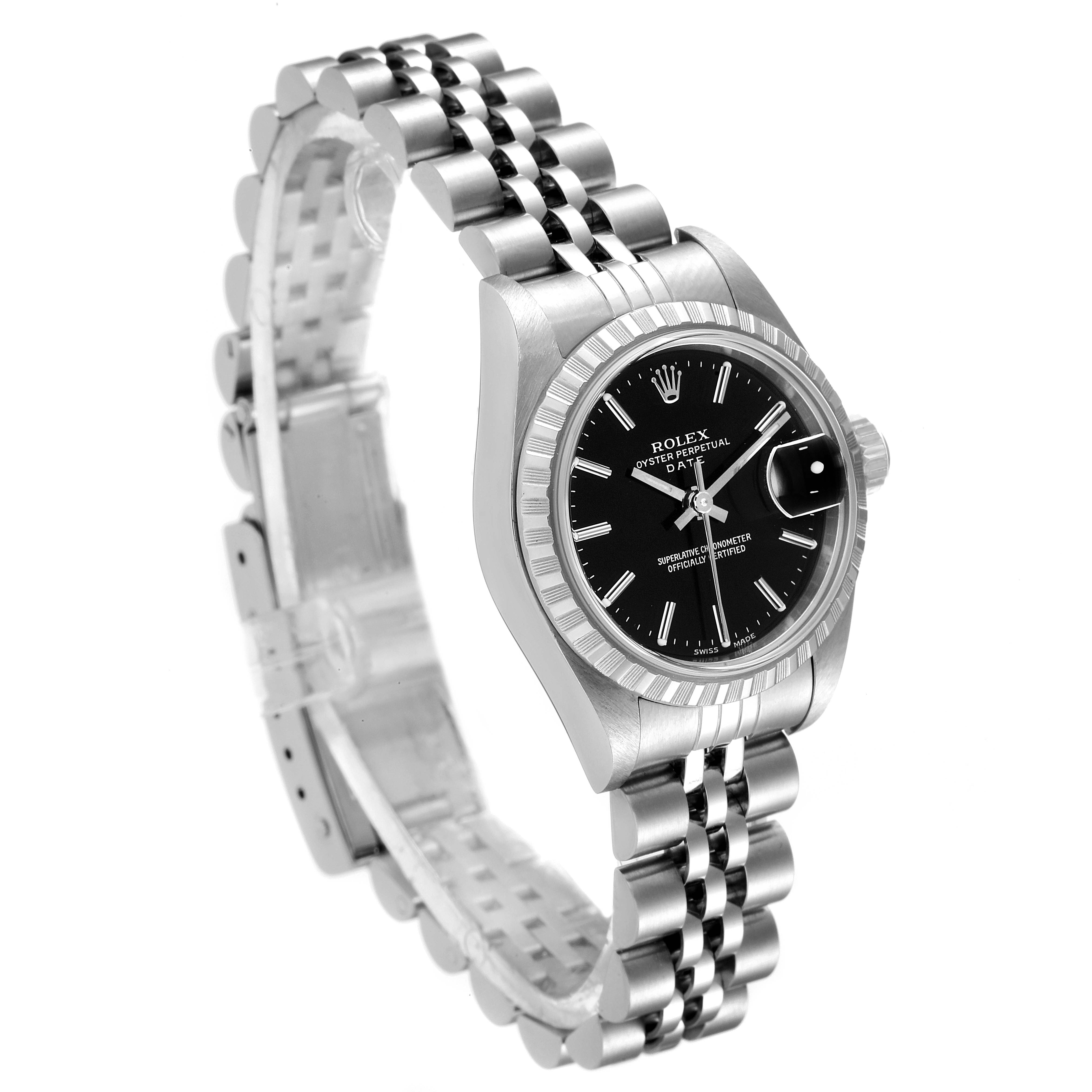 The image shows a Rolex Date 79240 Women's Stainless Steel Black Dial 79240 Women's Stainless Steel Black Dial model watch angled to display the face, bezel, and bracelet.