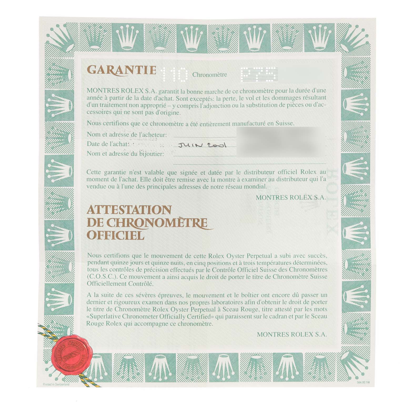 The image shows a warranty card for a Rolex Date 79240 Women's Stainless Steel Black Dial 79240 Women's Stainless Steel Black Dial model, including official chronometer certification details.