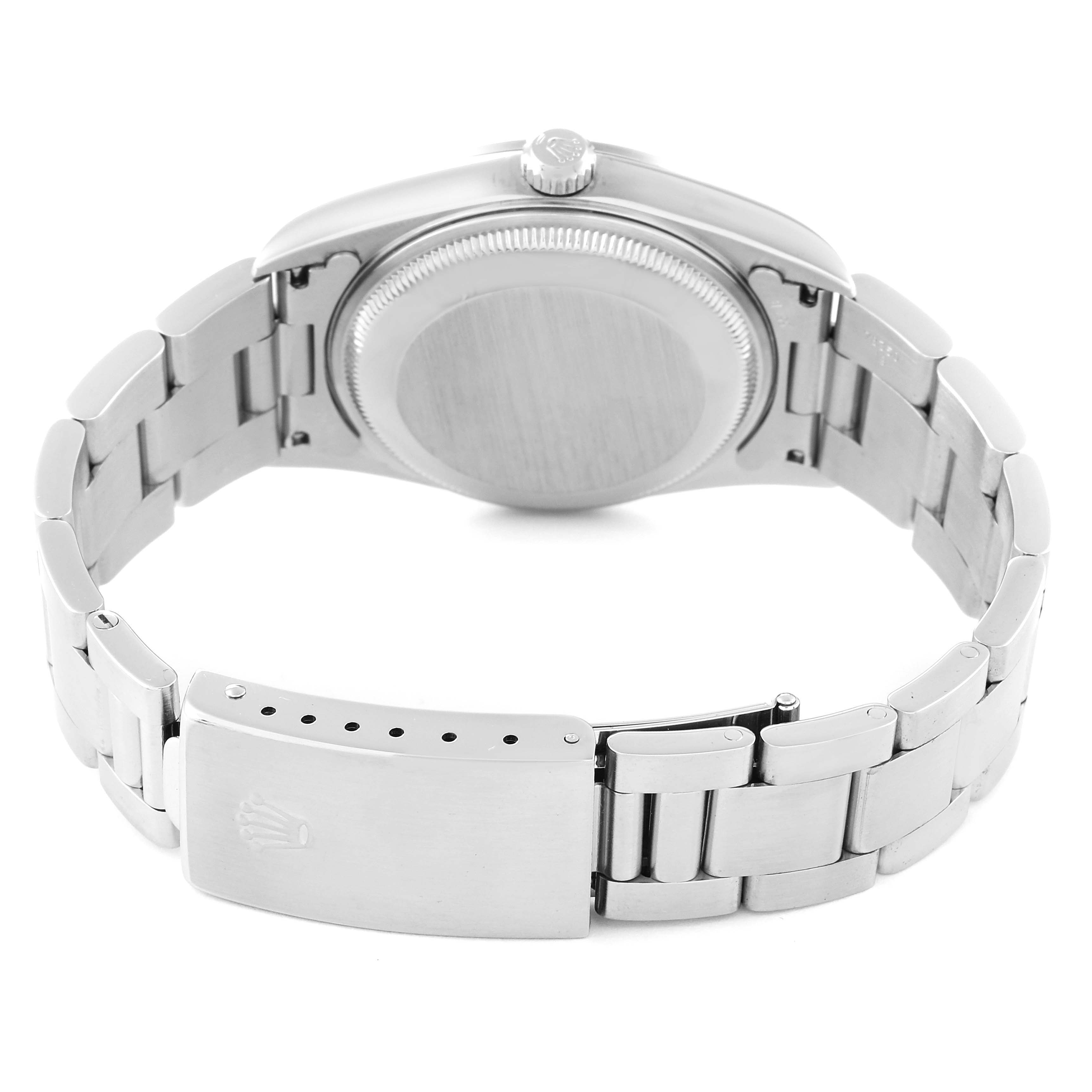 The image shows the back case and clasp of a Rolex Date 15200 Men's Stainless Steel Blue Dial 15200 Men's Stainless Steel Blue Dial model watch from a rear angle.