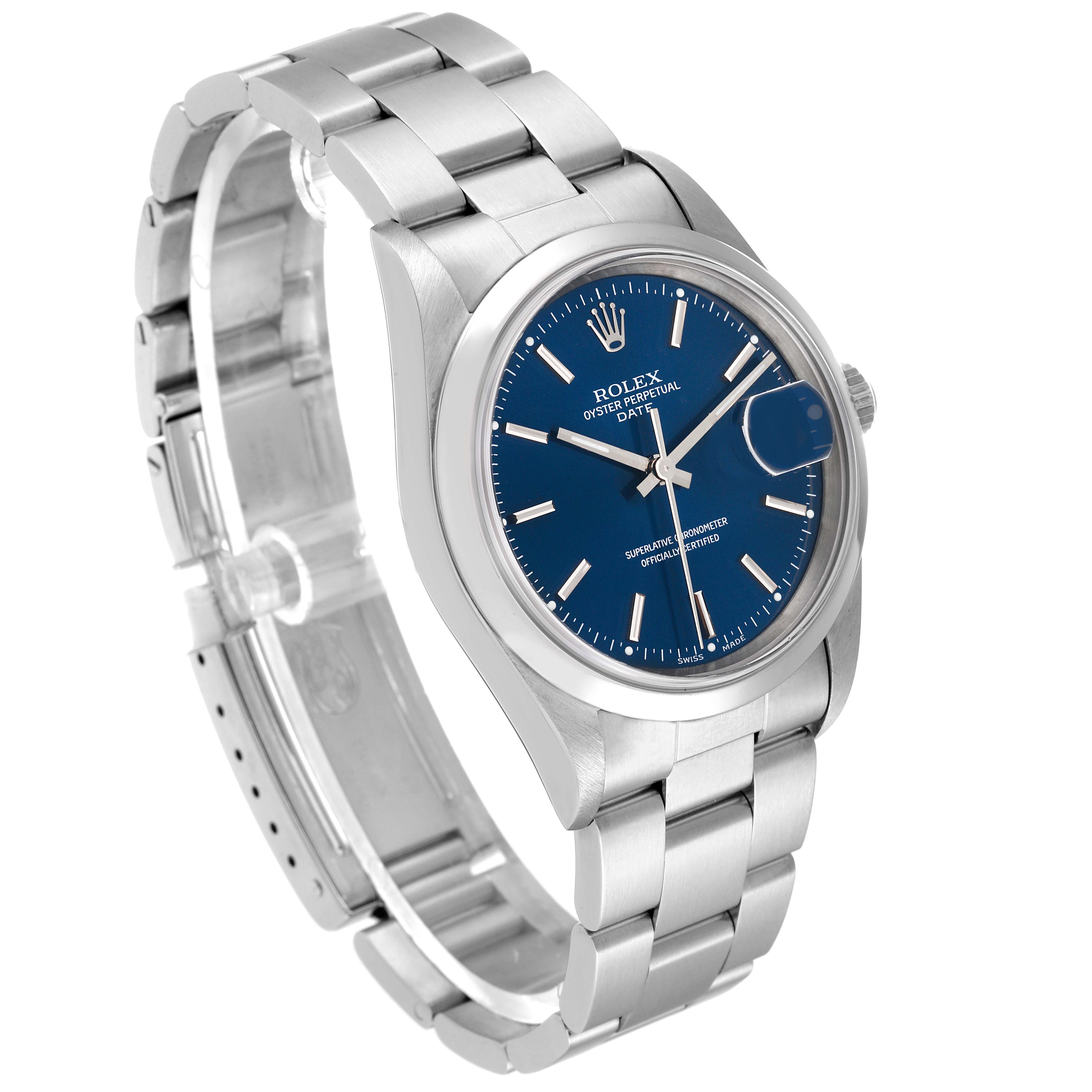 The image shows a side angle of a Rolex Date 15200 Men's Stainless Steel Blue Dial 15200 Men's Stainless Steel Blue Dial model, highlighting the blue dial, bracelet, and crown.