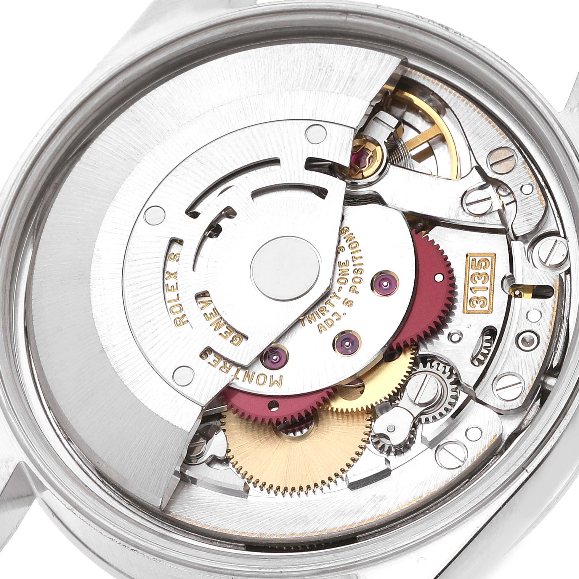 The image shows the internal mechanism and movement parts of a Rolex Date 15200 Men's Stainless Steel Blue Dial 15200 Men's Stainless Steel Blue Dial model watch from a back view angle.