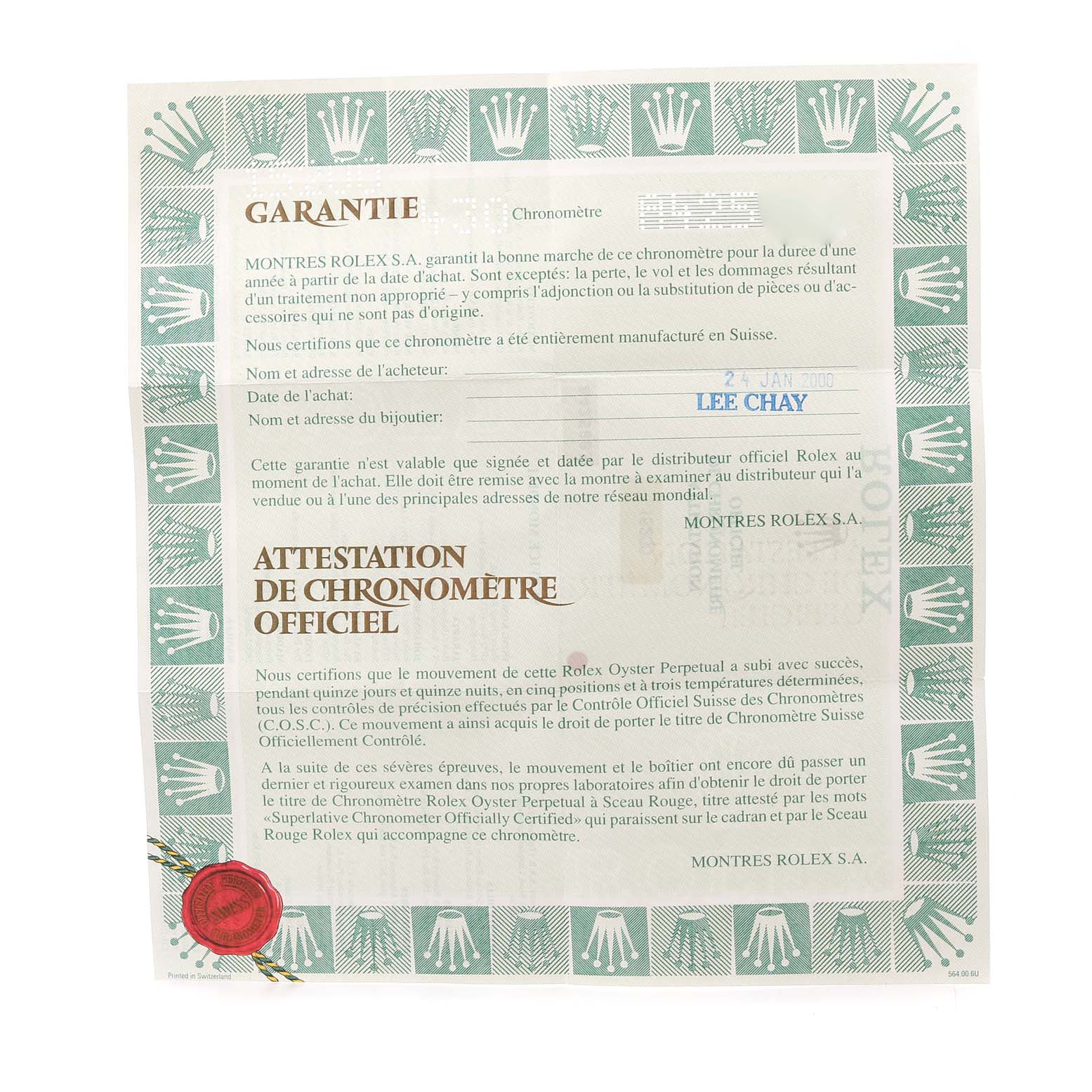 This image shows the official Garantie or warranty certificate for a Rolex Date 15200 Men's Stainless Steel Blue Dial 15200 Men's Stainless Steel Blue Dial model watch.