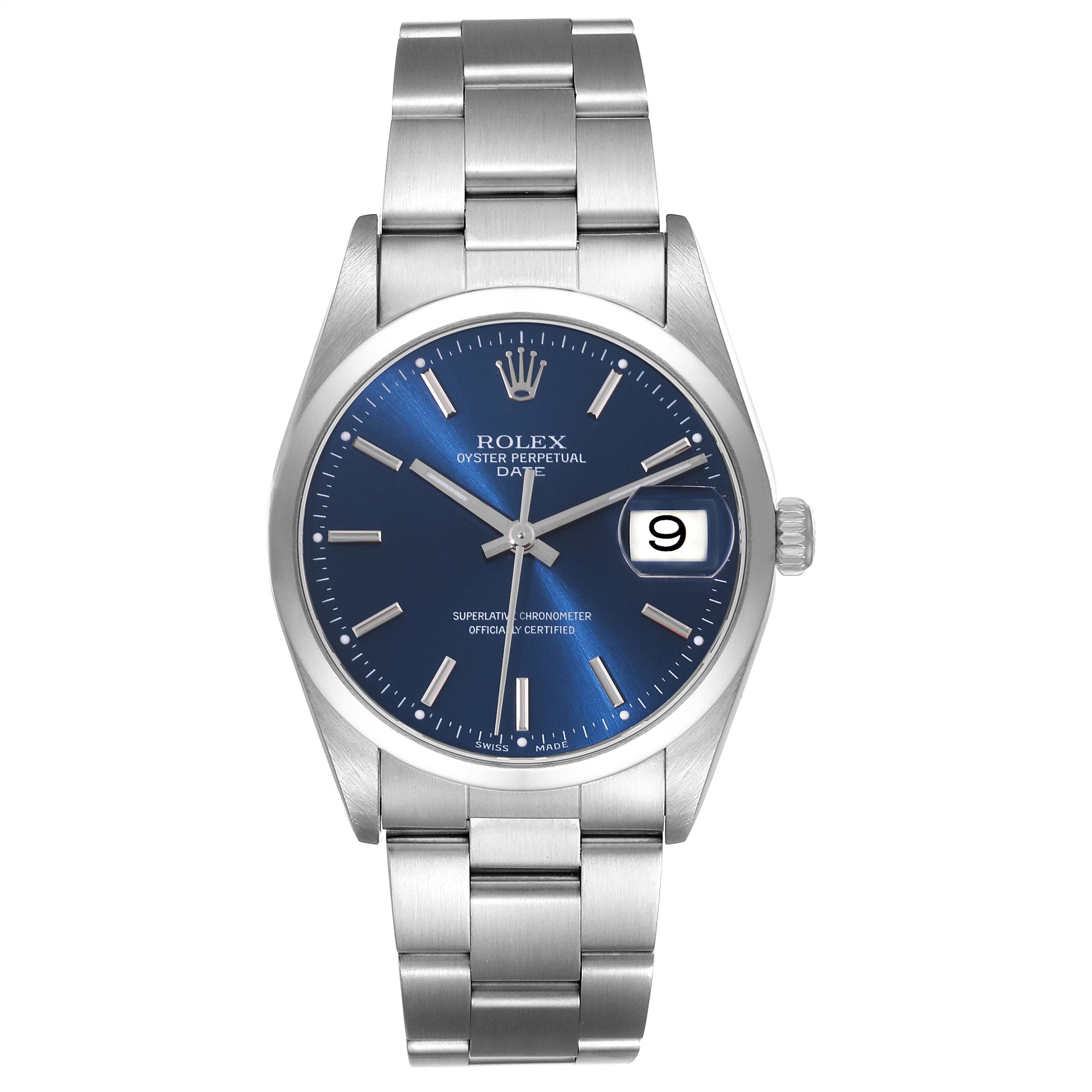 This image shows a front view of a Rolex Date 15200 Men's Stainless Steel Blue Dial 15200 Men's Stainless Steel Blue Dial model watch, featuring its blue dial, date window, and stainless steel bracelet.