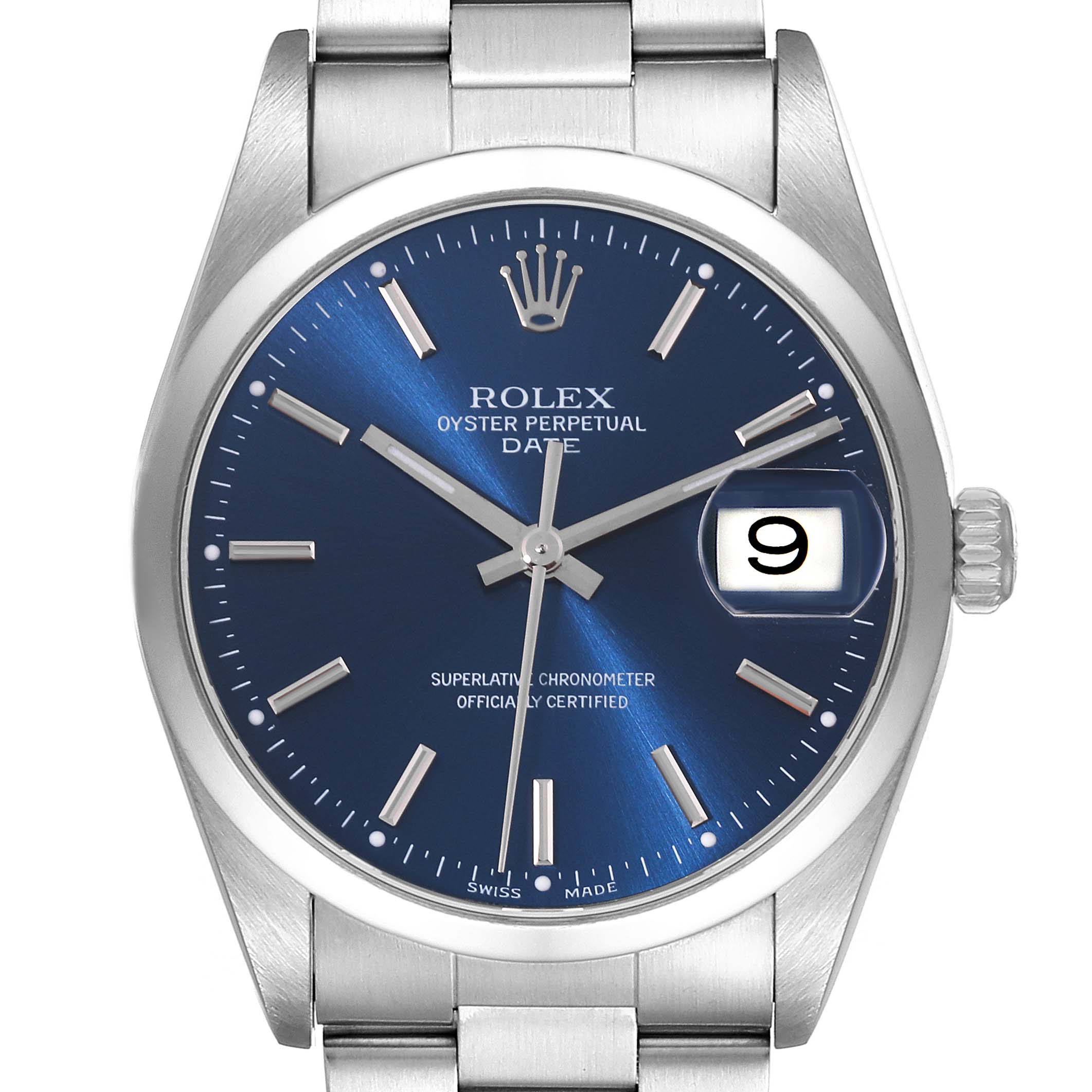 This image shows the face of a Rolex Date 15200 Men's Stainless Steel Blue Dial 15200 Men's Stainless Steel Blue Dial model watch, featuring its dial, hands, crown, and part of the bracelet from a front angle.