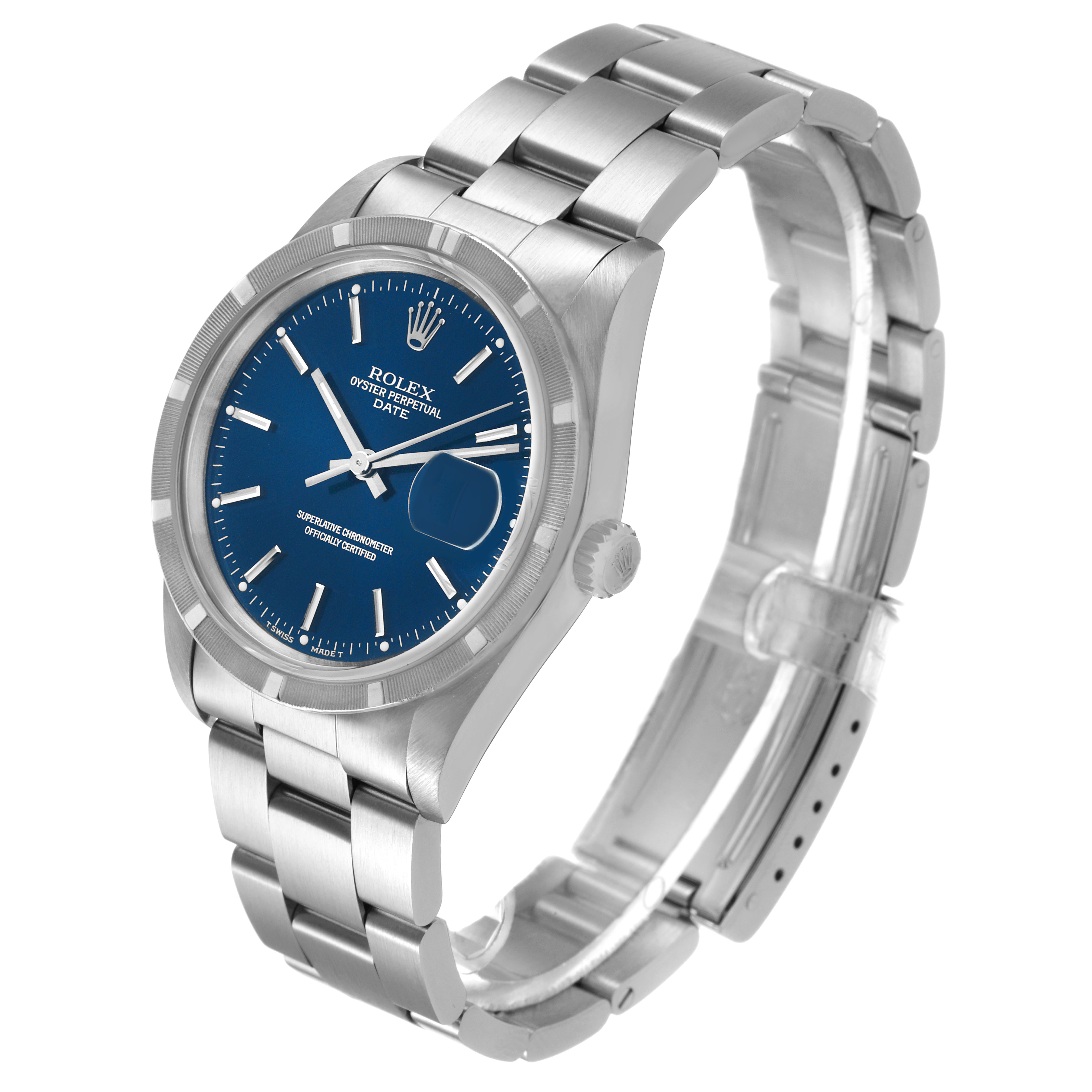 The Rolex Date 15210 Men's Stainless Steel Blue Dial model watch is shown at a three-quarter angle, highlighting its blue dial, crown, and metal bracelet.