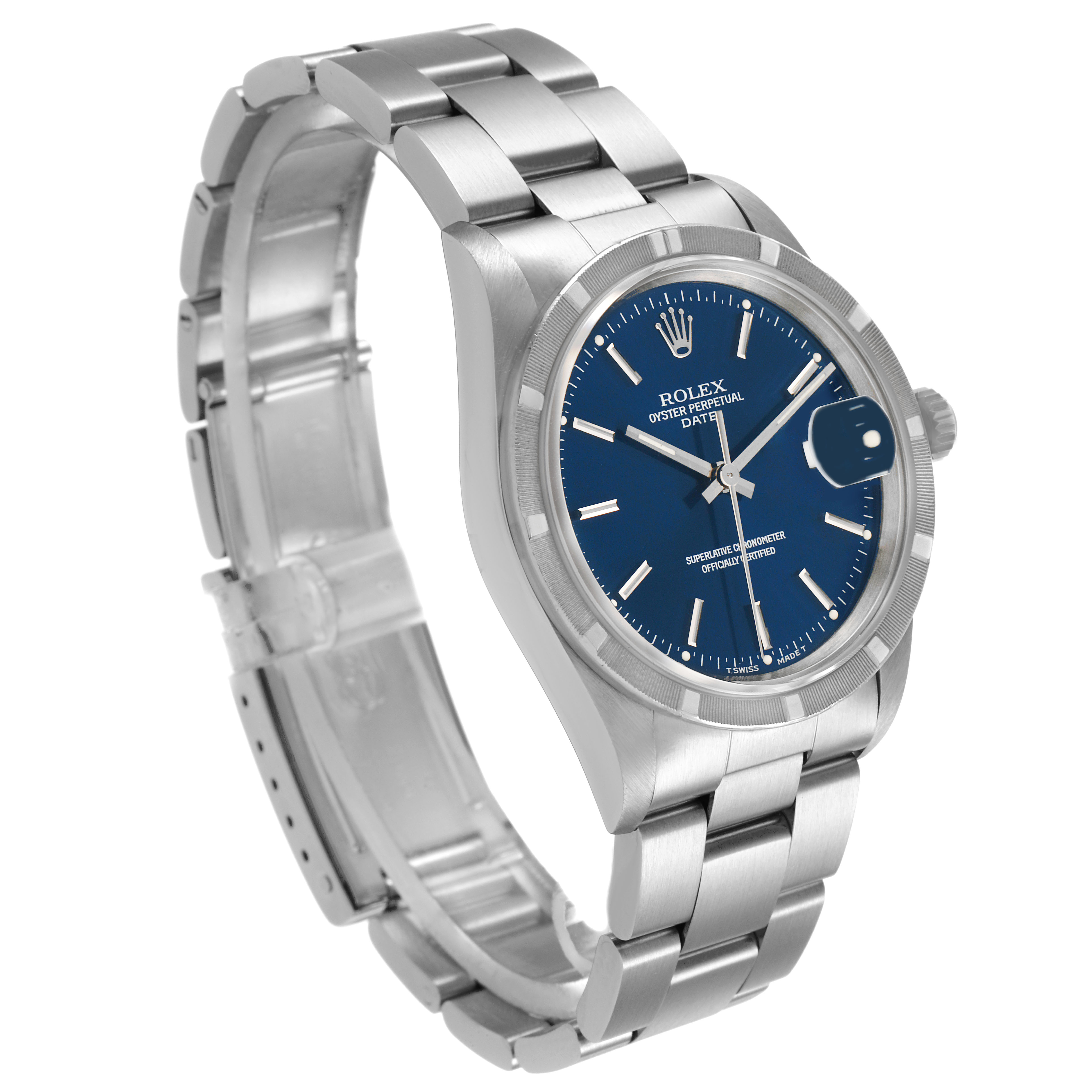 The Rolex Date 15210 Men's Stainless Steel Blue Dial watch is shown at a three-quarter angle, highlighting its blue dial, stainless steel bezel, and bracelet.