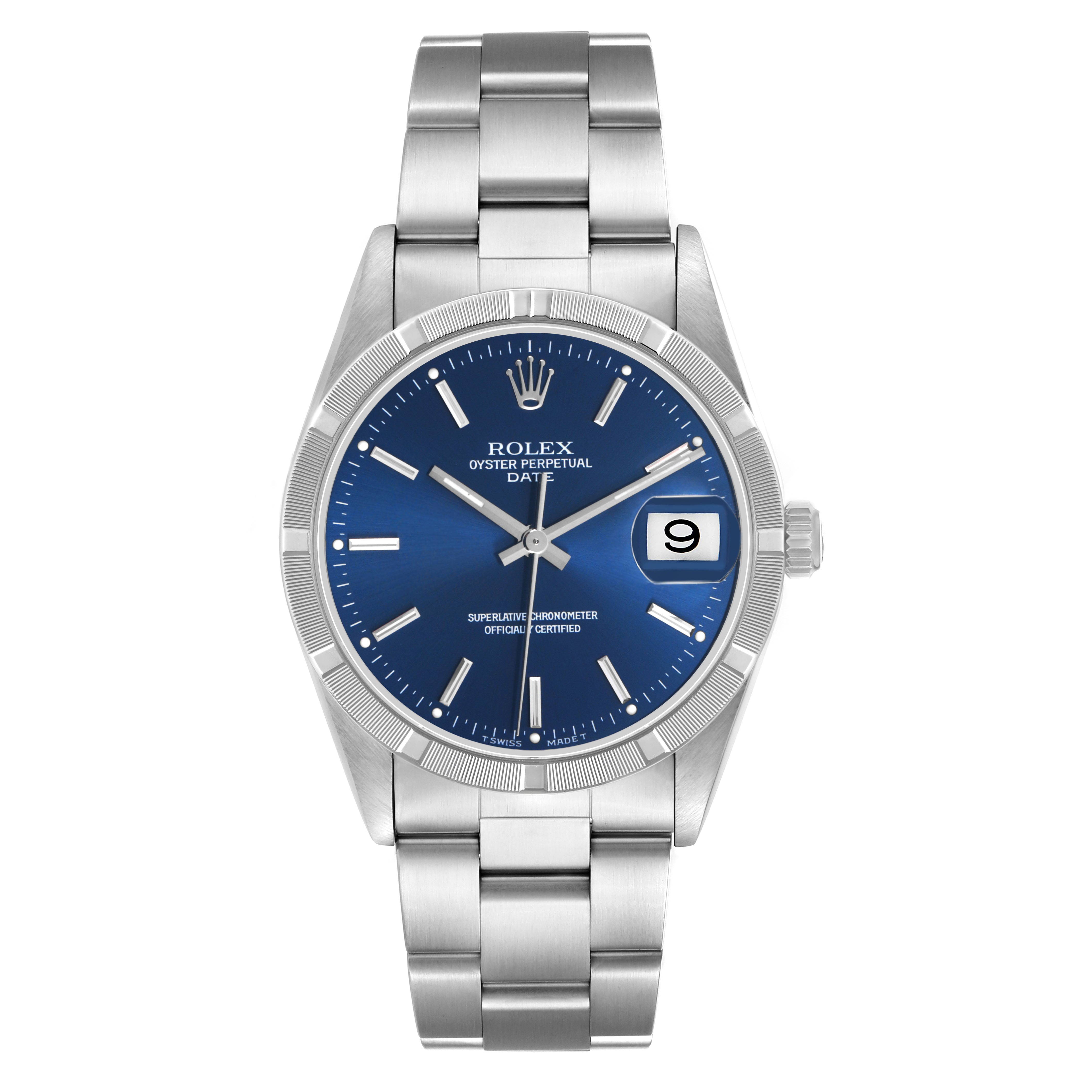 The Rolex Date 15210 Men's Stainless Steel Blue Dial watch is shown from the front, highlighting the blue dial, date window, and stainless steel bracelet.