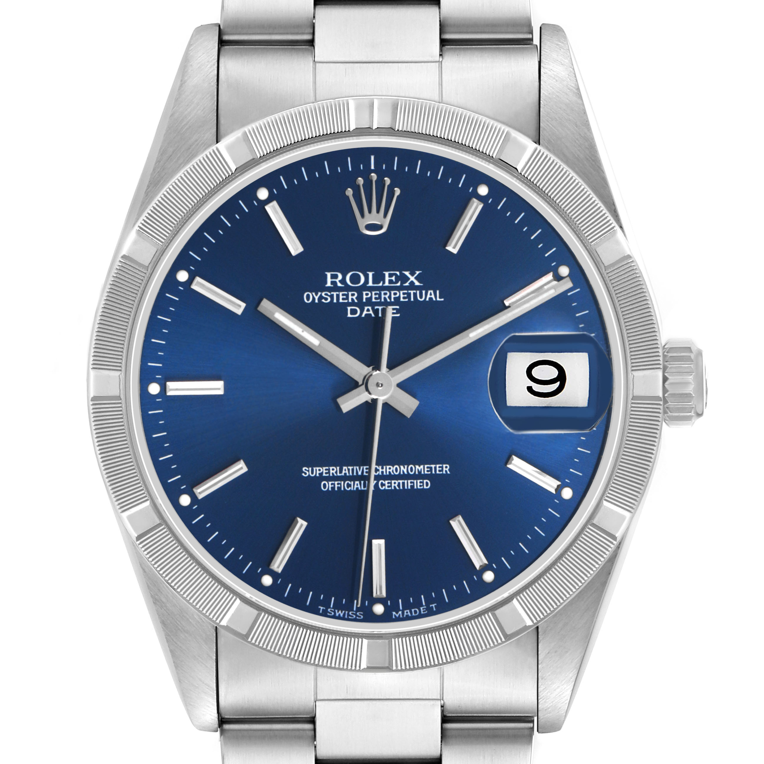The Rolex Date 15210 Men's Stainless Steel Blue Dial watch is shown from a front angle, highlighting the blue dial, bezel, crown, and bracelet.