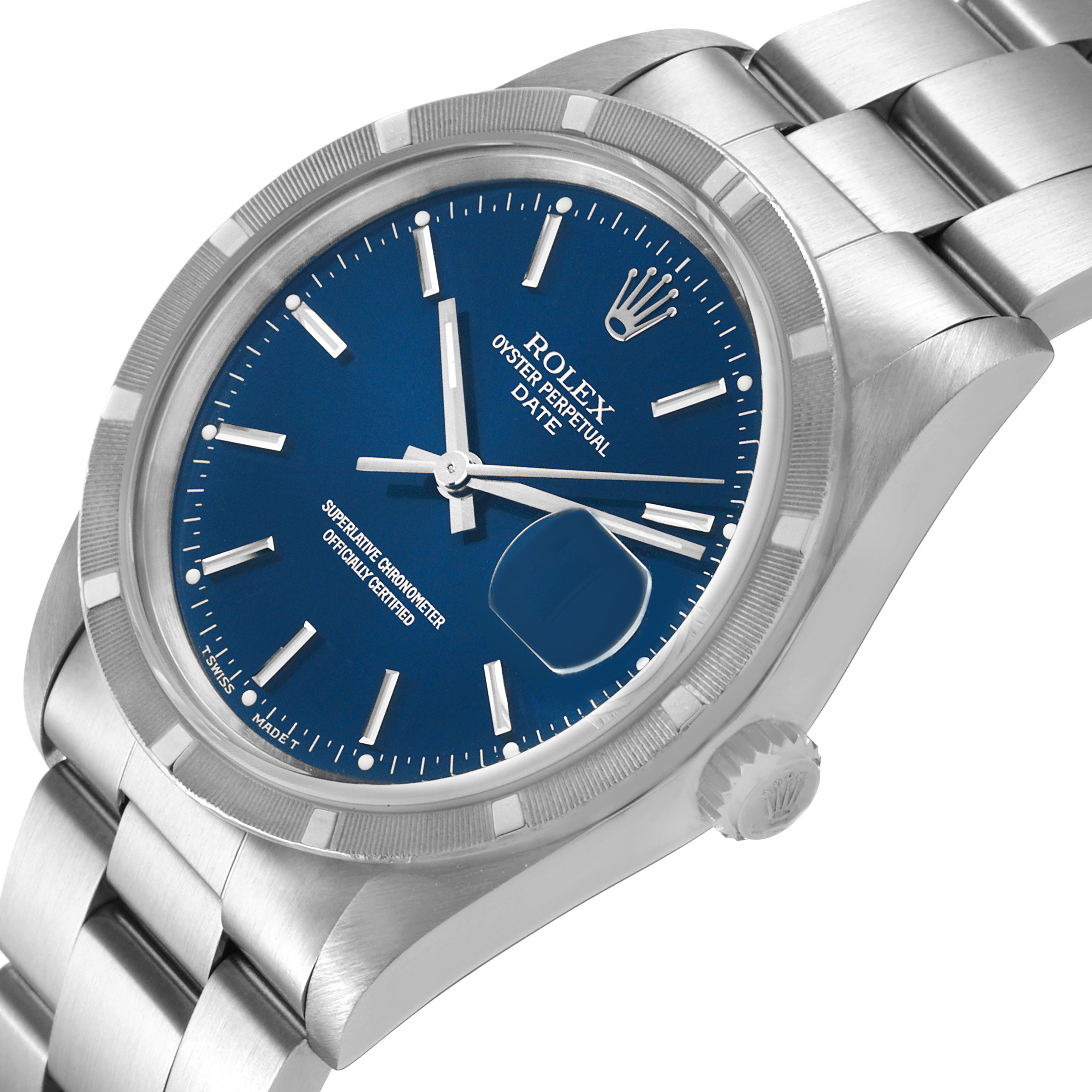 The Rolex Date 15210 Men's Stainless Steel Blue Dial watch is shown at a tilted angle, highlighting the dial, bezel, and bracelet.