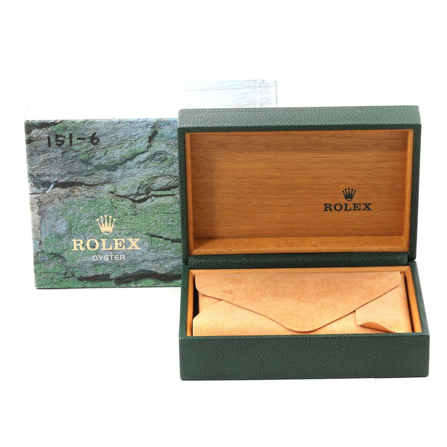 The image shows the open packaging for a Rolex Date 15200 Men's Stainless Steel White Dial 15200 Men's Stainless Steel White Dial model watch, including the outer box and inner wooden case.