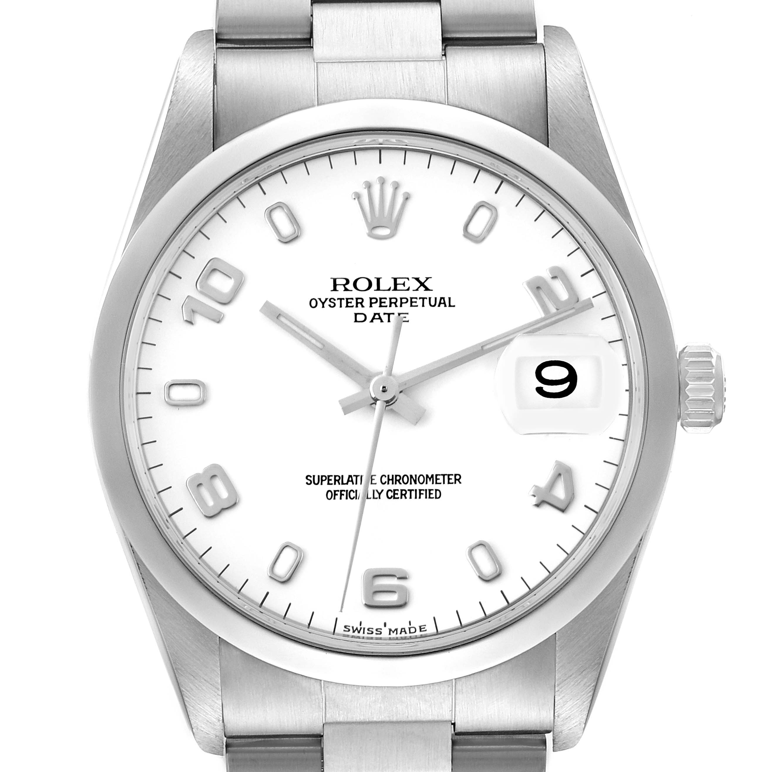The image shows a front view of the Rolex Oyster Perpetual Date model, highlighting the dial, bezel, crown, and part of the bracelet.
