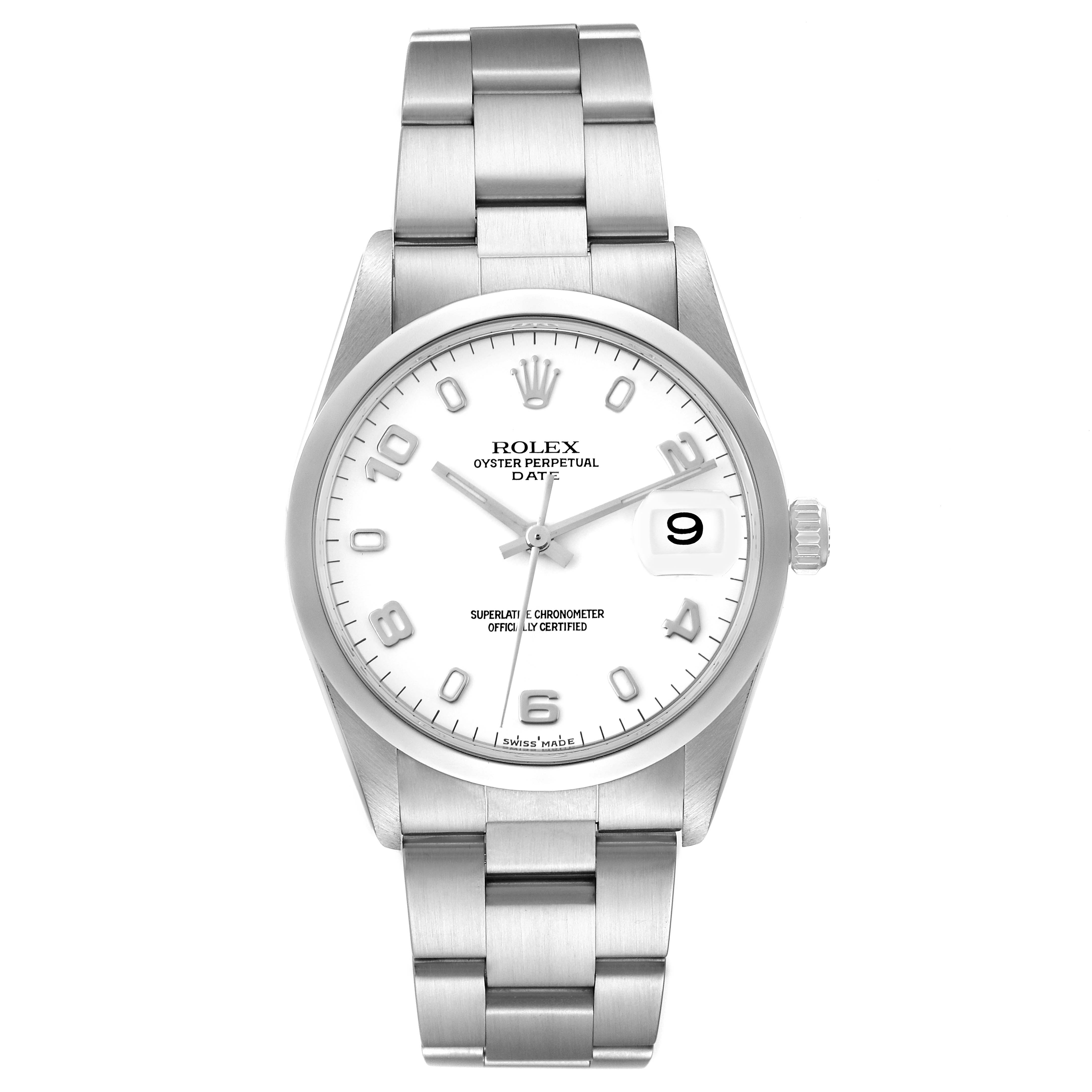 The image shows a frontal view of a Rolex Oyster Perpetual Date watch, featuring the dial, case, and bracelet.