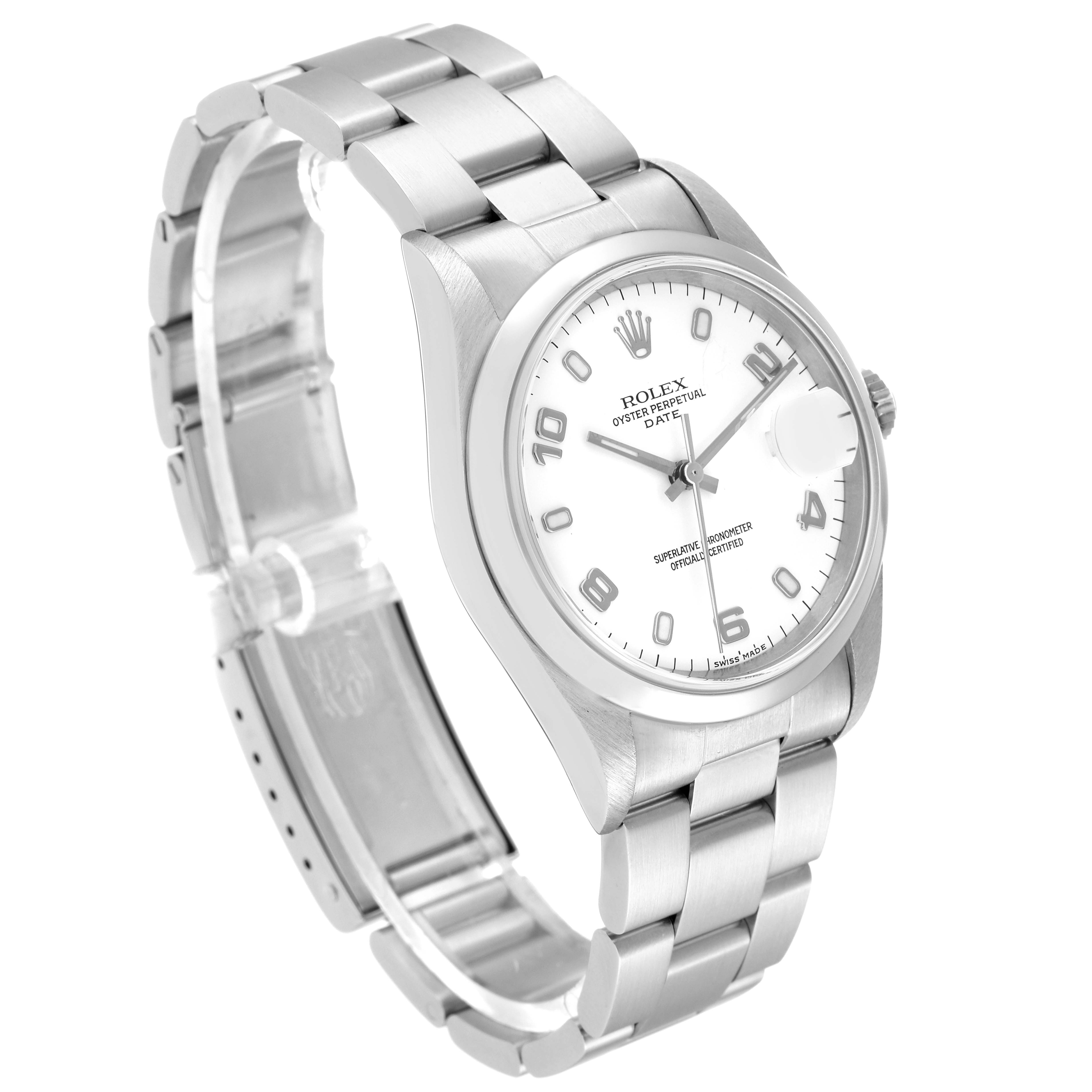 The Rolex Date 15200 Men's Stainless Steel White Dial 15200 Men's Stainless Steel White Dial model watch is shown at a three-quarter angle, displaying the face, bezel, bracelet, and clasp.