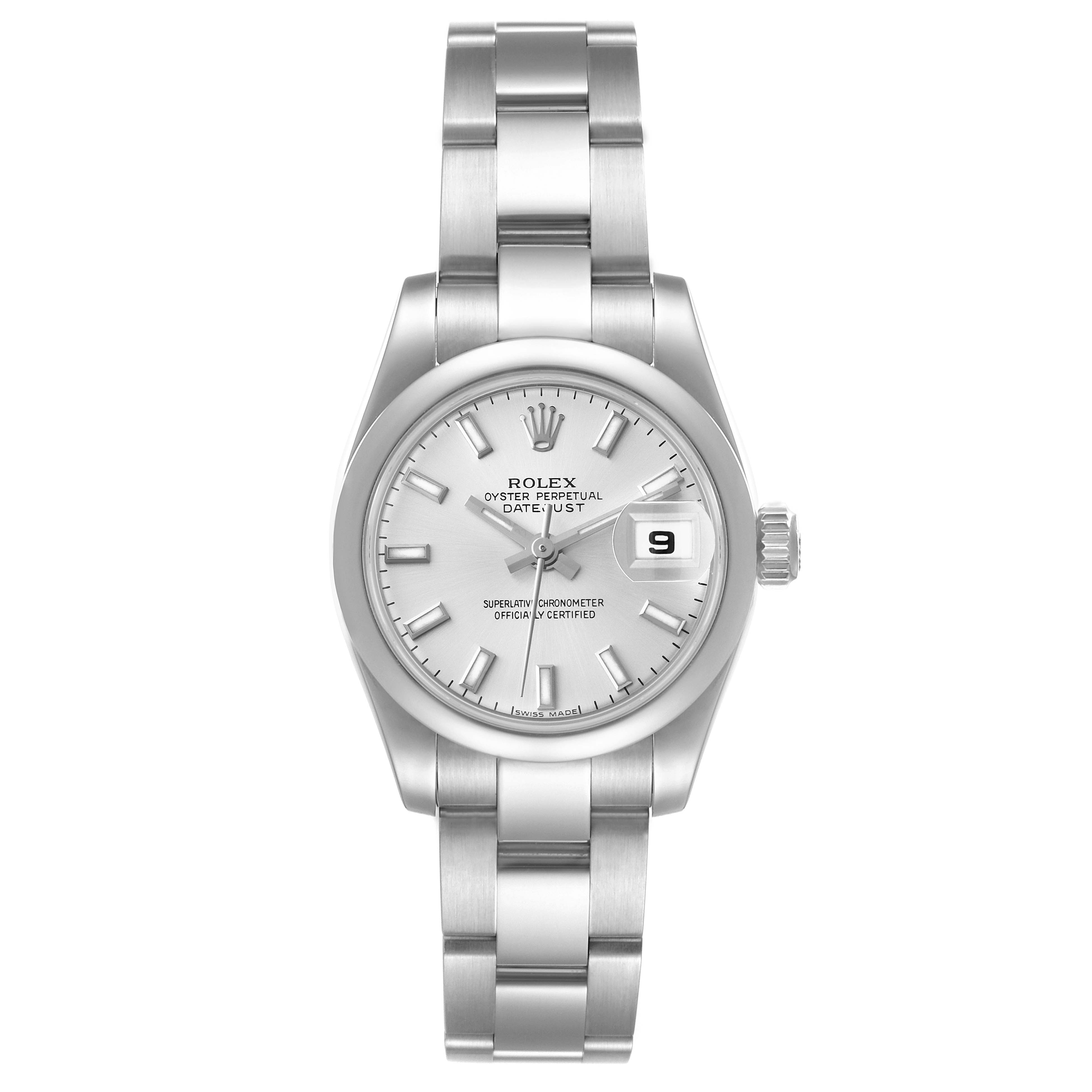 The image shows a frontal view of the Rolex Datejust 179160 Women's Stainless Steel Silver Dial 179160 Women's Stainless Steel Silver Dial watch, highlighting its face, bracelet, and date window.