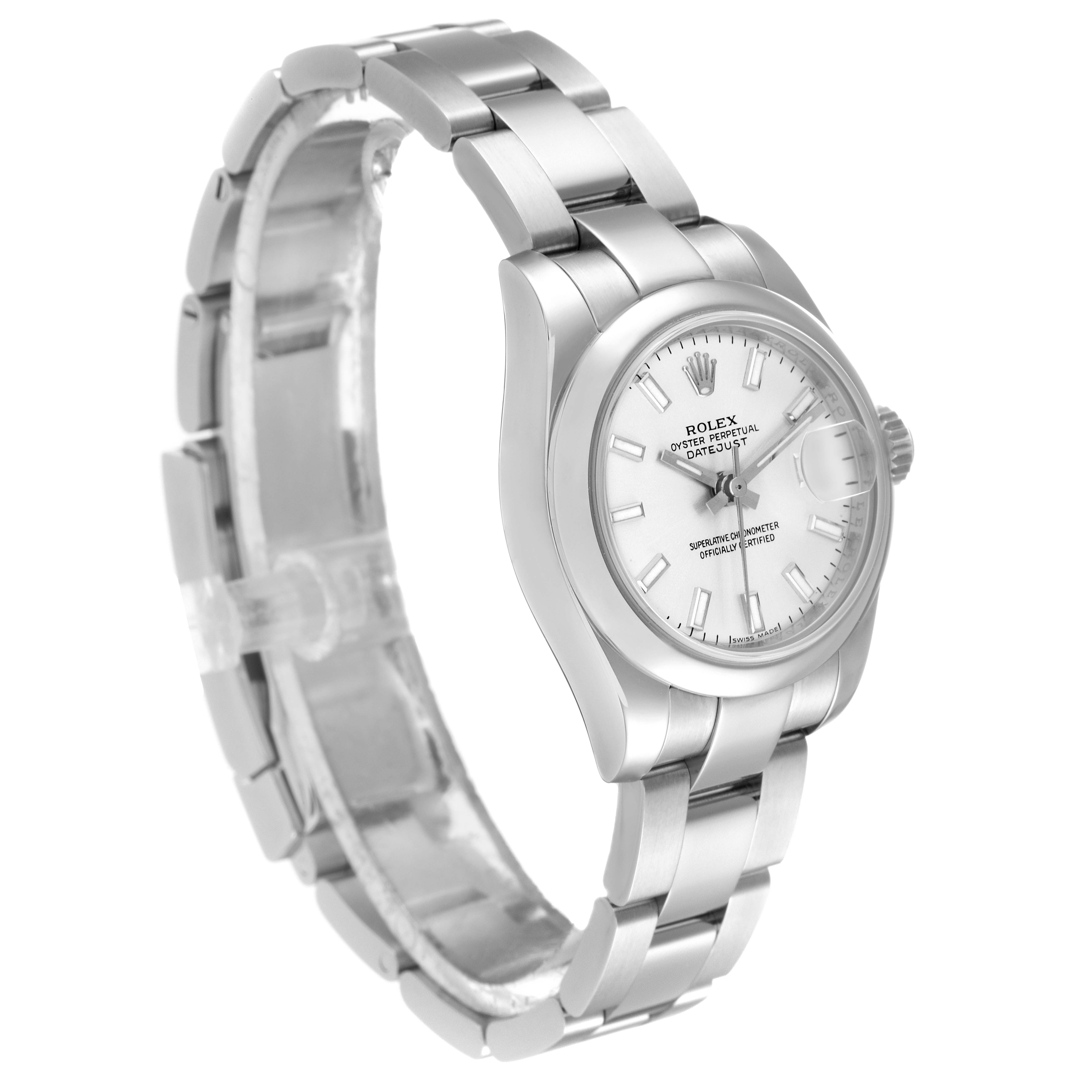The image shows a Rolex Datejust 179160 Women's Stainless Steel Silver Dial 179160 Women's Stainless Steel Silver Dial watch from a side angle, displaying its dial, bezel, and bracelet.