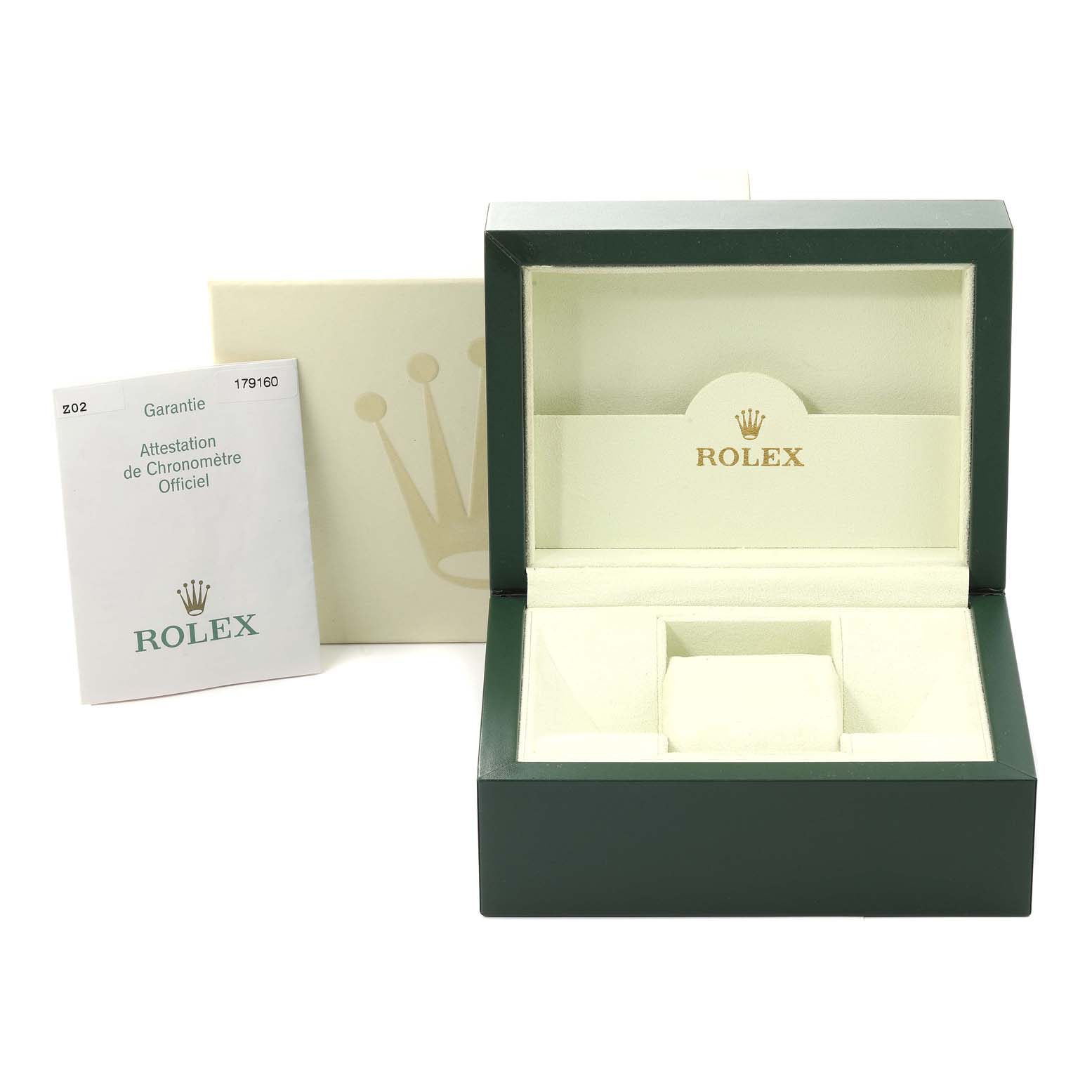 The image shows an open Rolex Datejust 179160 Women's Stainless Steel Silver Dial 179160 Women's Stainless Steel Silver Dial watch box with included paperwork.