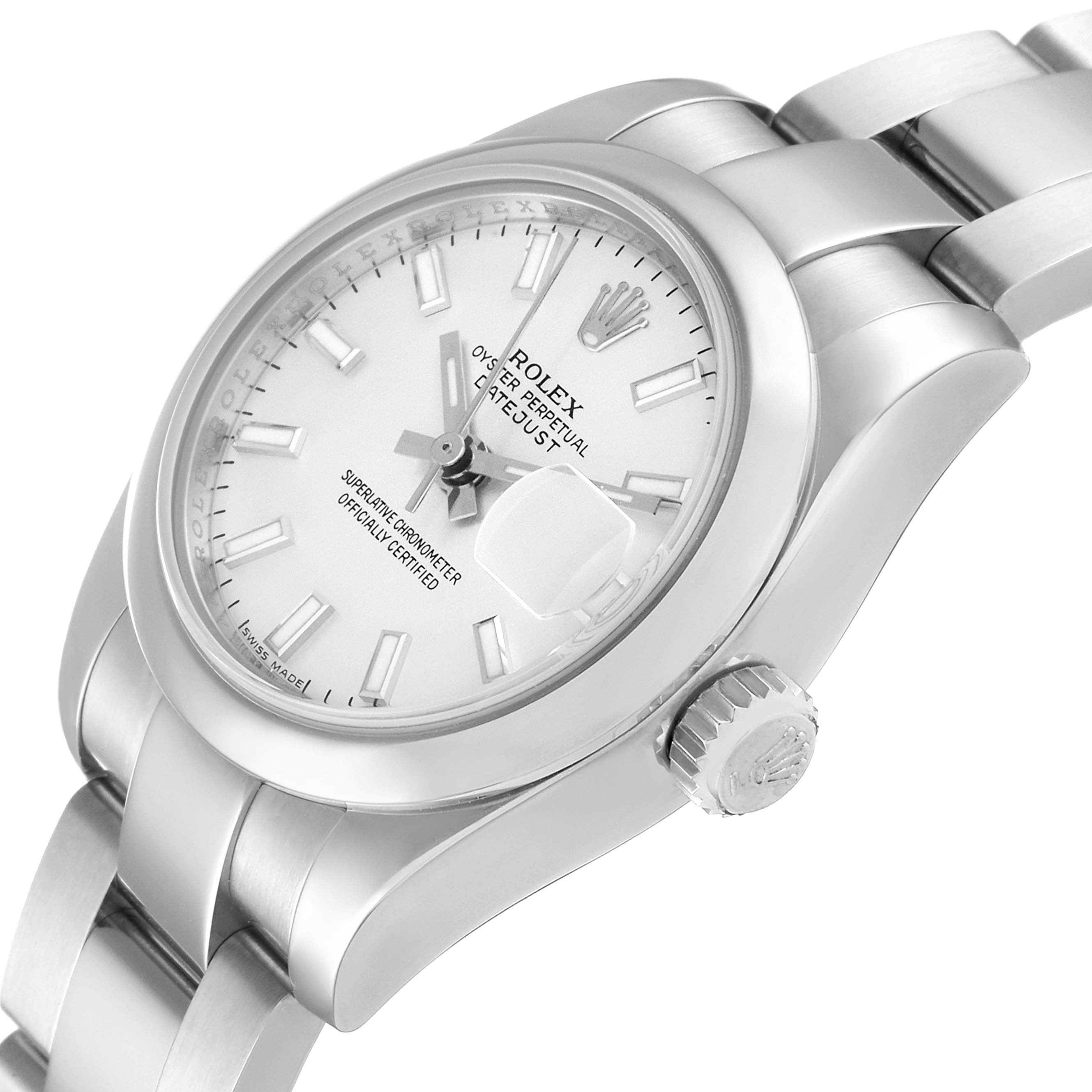 The Rolex Datejust 179160 Women's Stainless Steel Silver Dial 179160 Women's Stainless Steel Silver Dial watch is shown at a slightly tilted angle, highlighting its dial, crown, and part of the bracelet.